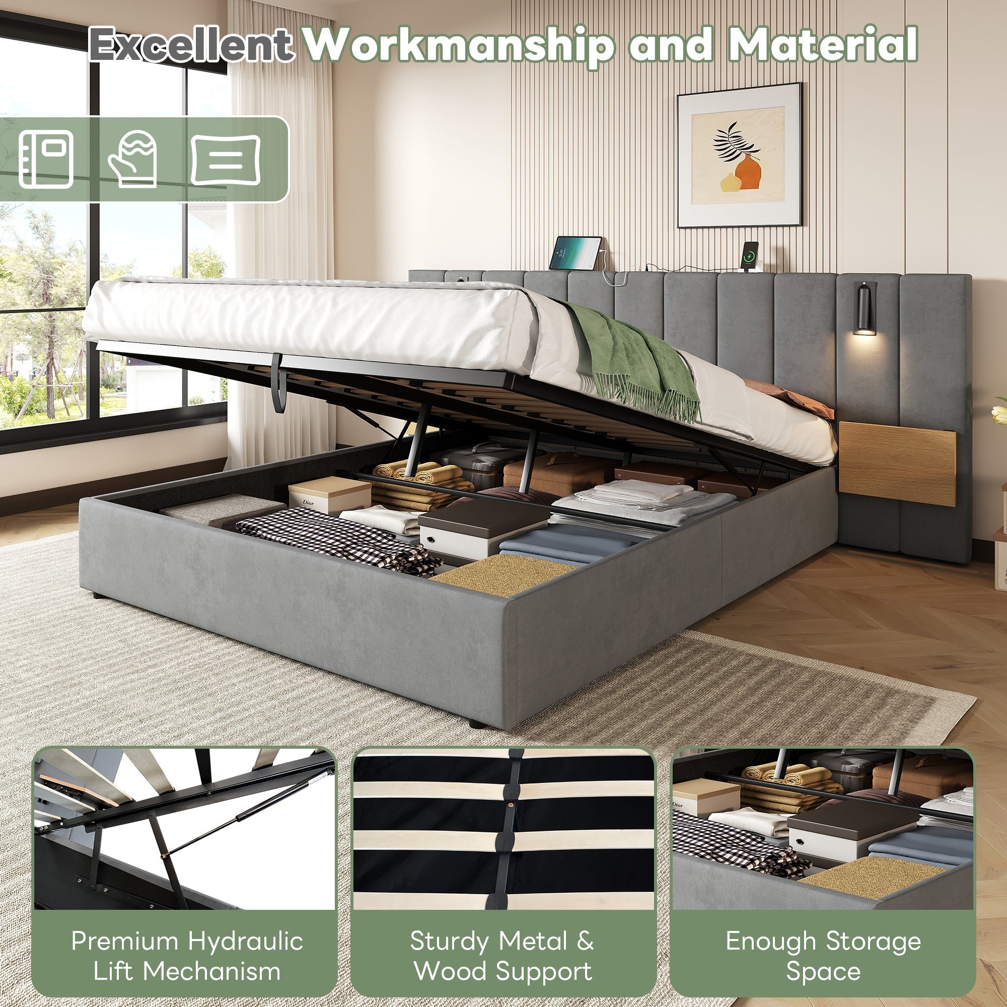 King Upholstered Bed with Charging Station, Hydraulic Storage, Reading Light, Grey Velvet
