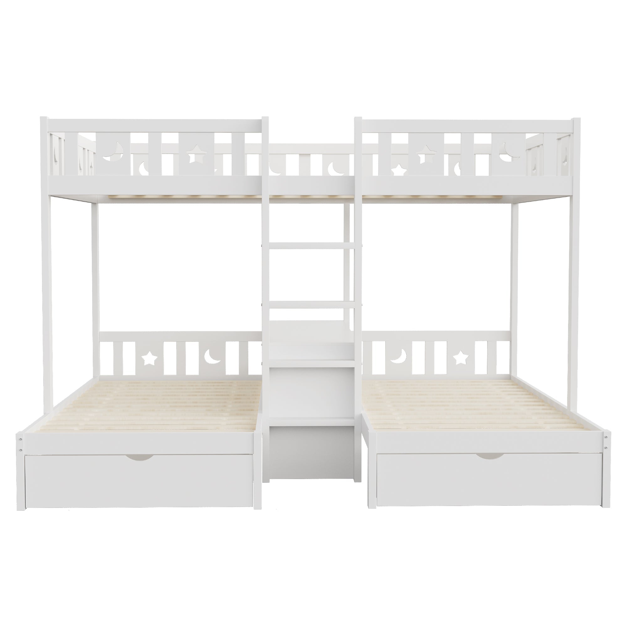 Triple Bunk Bed with Storage Stairs, Drawers and Star Moon Guardrails, 90x200cm & 140x200cm, White Solid Wood