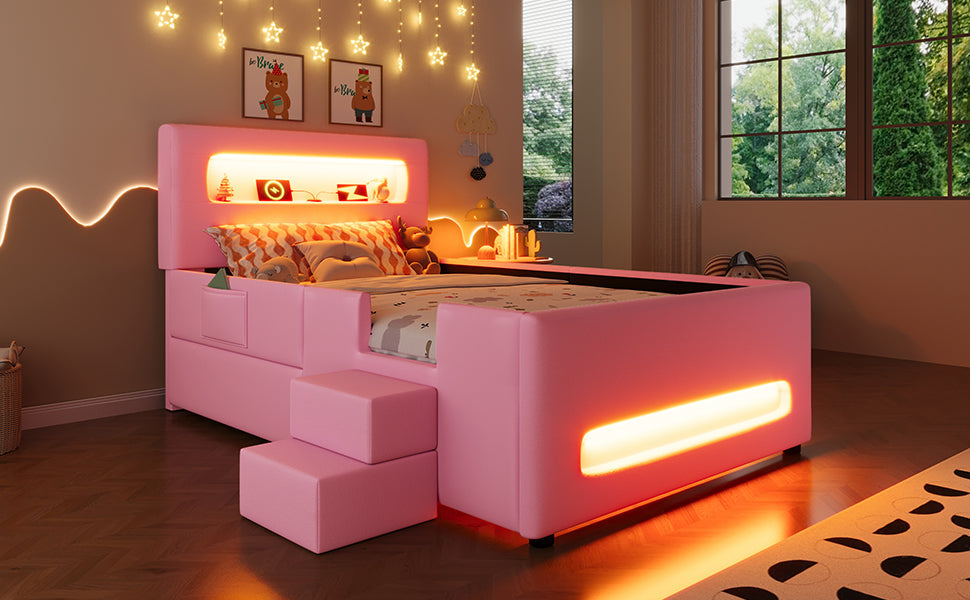 Upholstered Platform Bed 90x200cm Stairs Drawers LED USB Storage Pockets - Pink