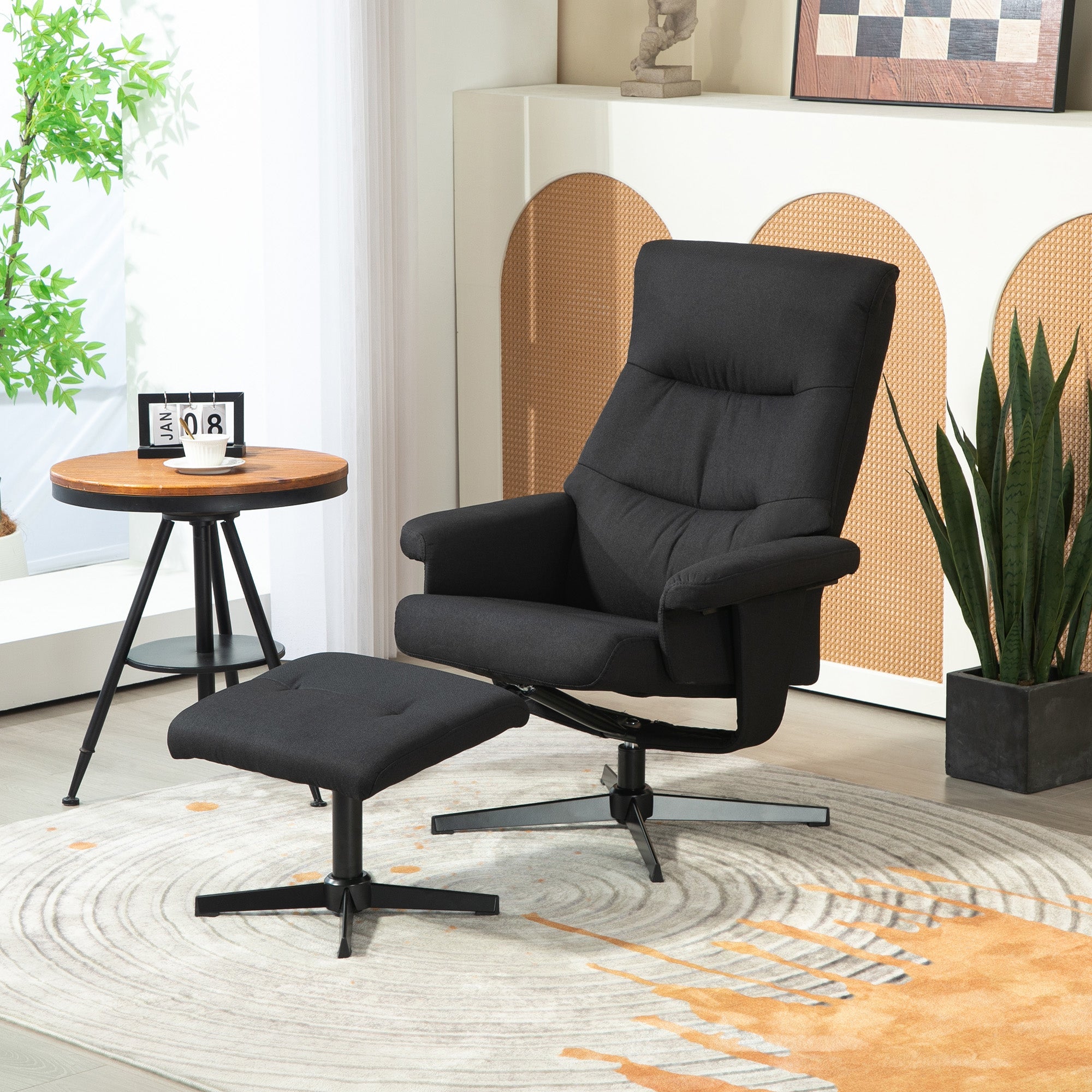 Reclining Armchair with Footstool, Swivel & Rocking Function, Velvet Look, Black