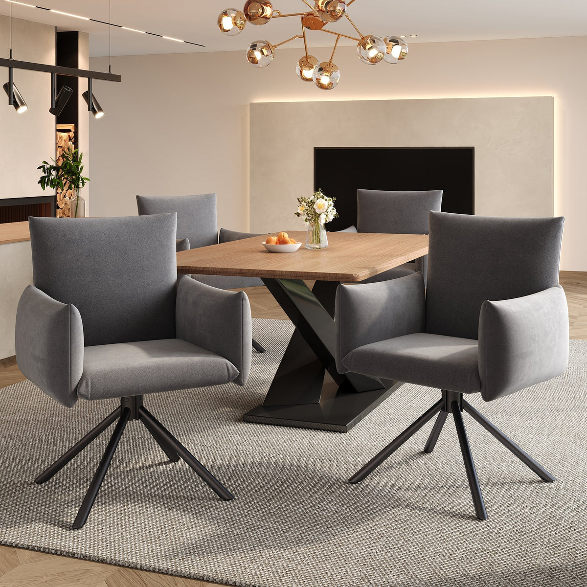 Set of 6 Dining Chairs Upholstered 360° Swivel Lumbar Support - Velvet Grey