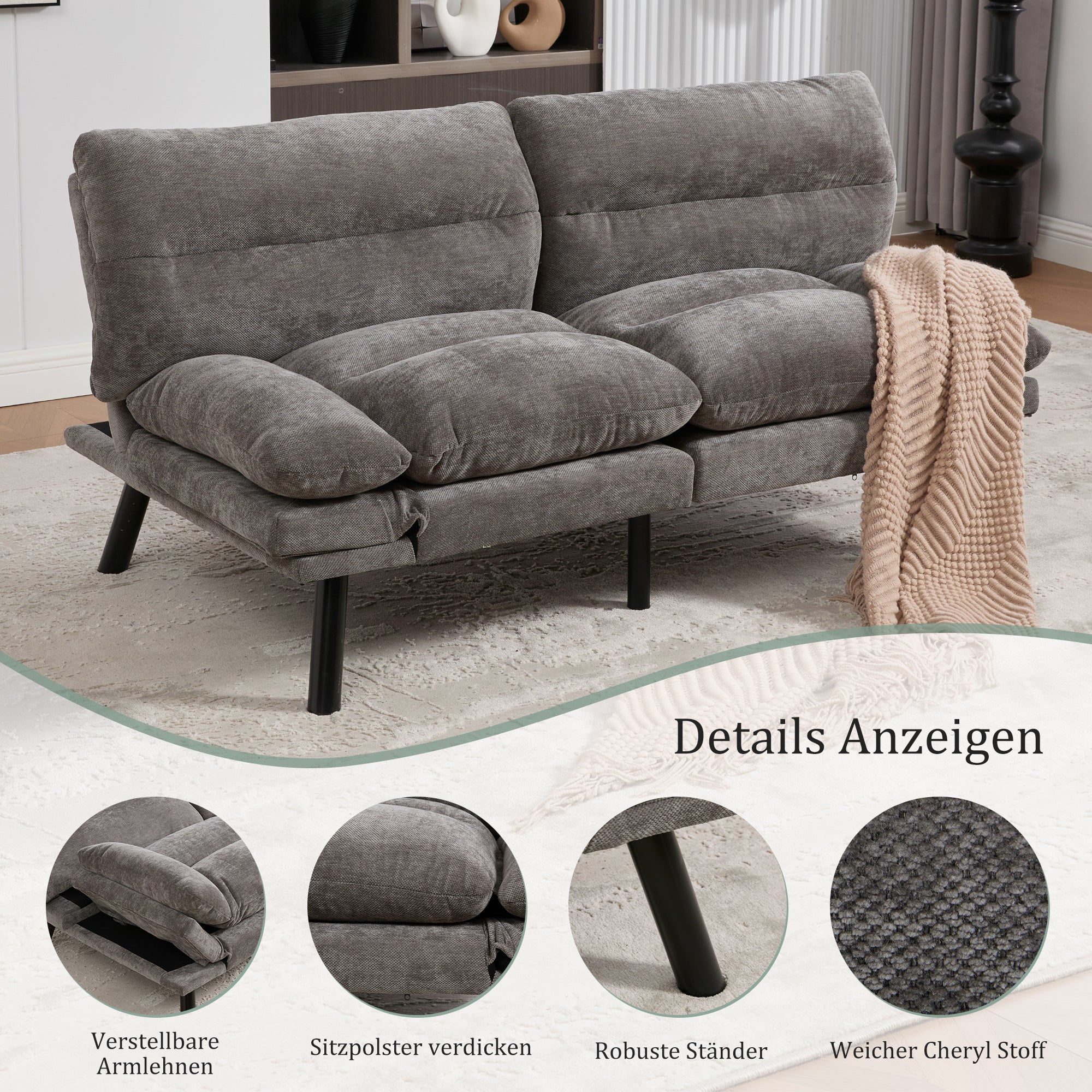 Two-Seater Sofa, Ergonomic Adjustable Design, Chenille
