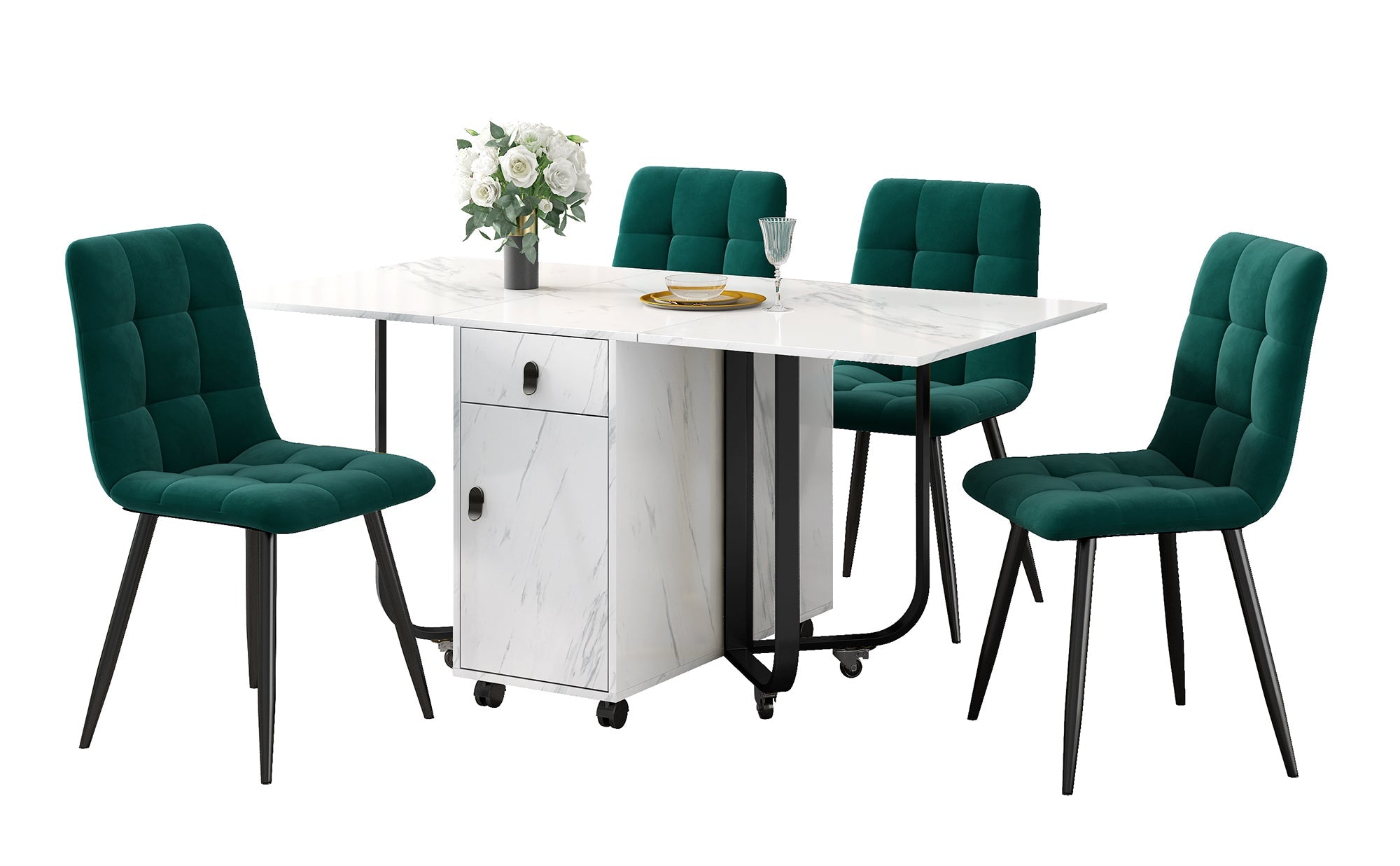 Dining Set 5-Piece Folding Kitchen Table Velvet Chairs White MDF Black