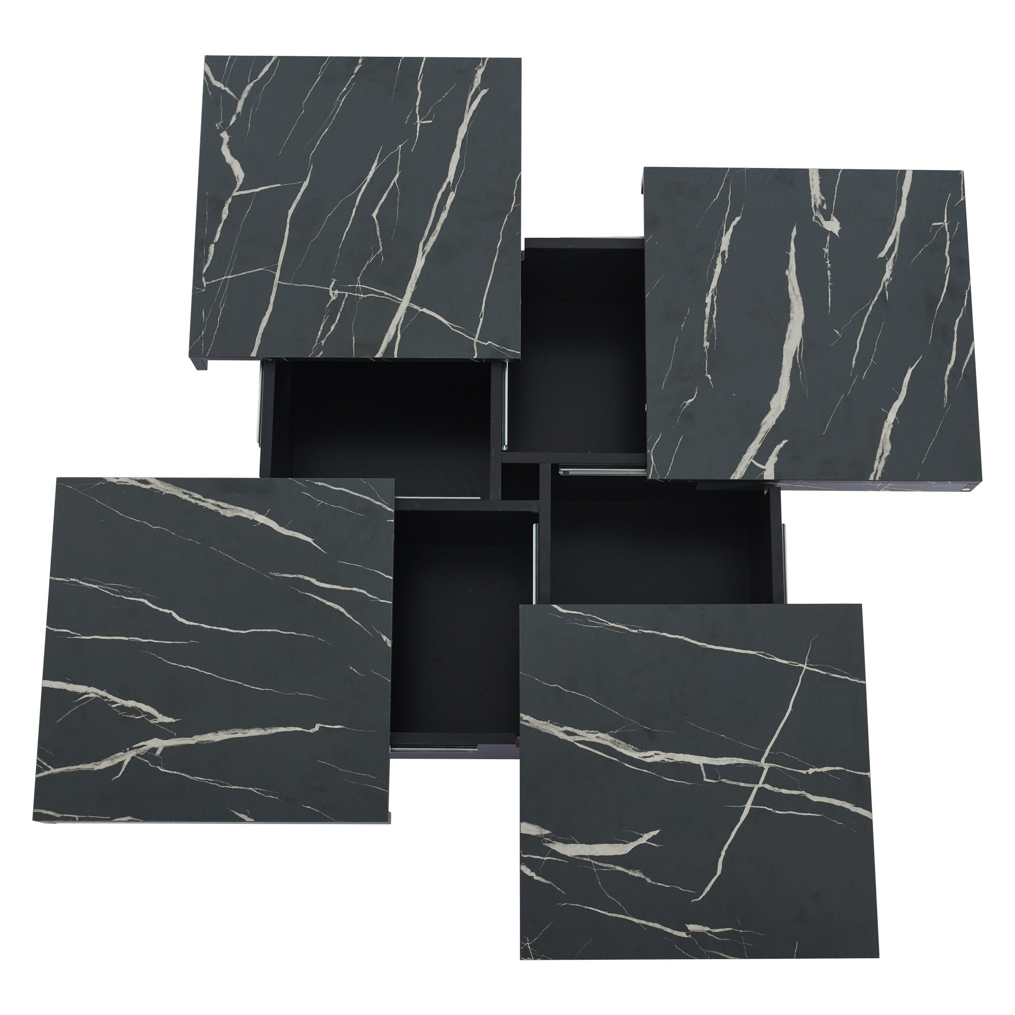 Coffee Table, Square 90x90x25cm with Four Drawers, Sliding Tabletop, Black Marble Look