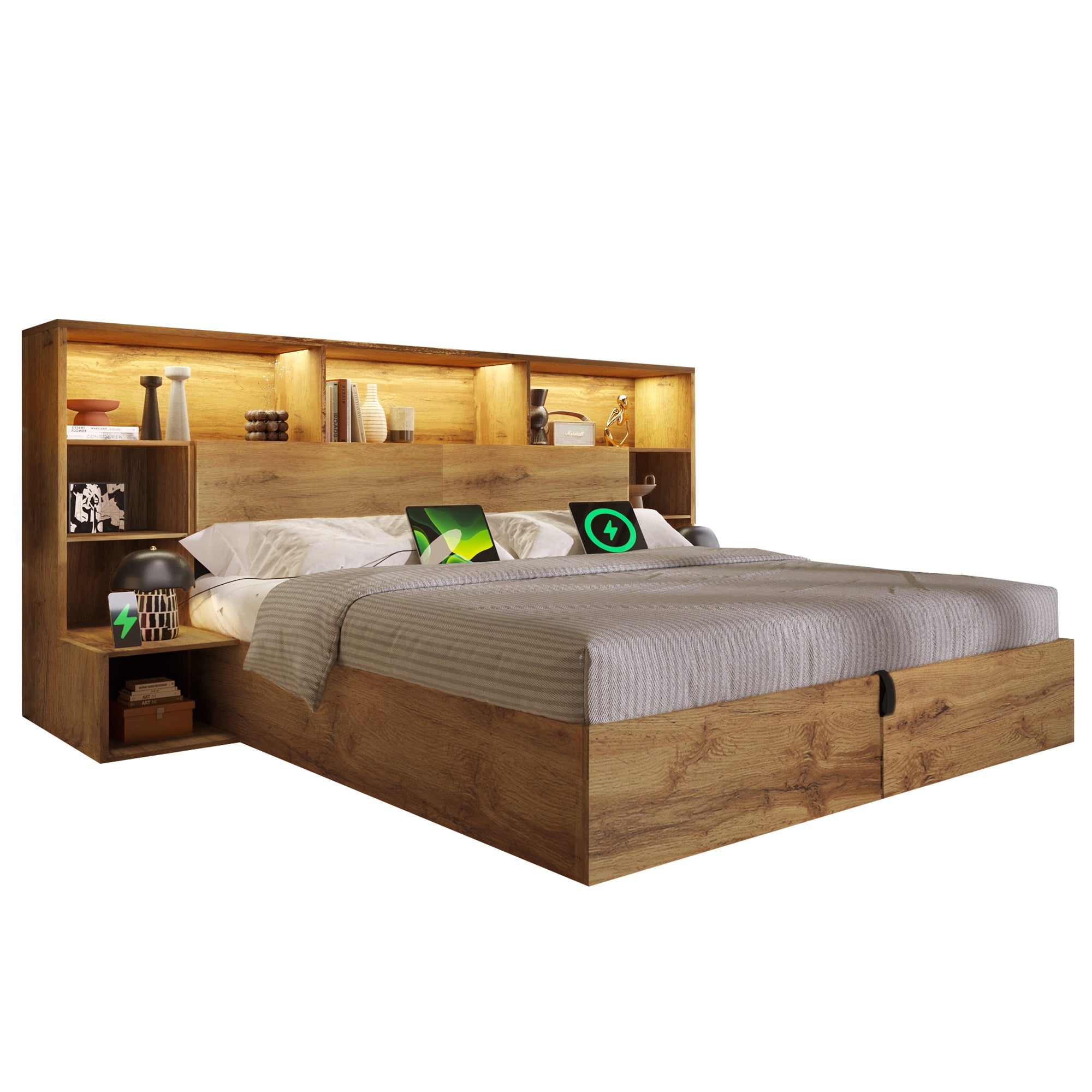 System Bed 180x200cm with Hydraulic Storage, Integrated Bedside Tables, Headboard Shelf, LED and USB-C, Oak Wood Look