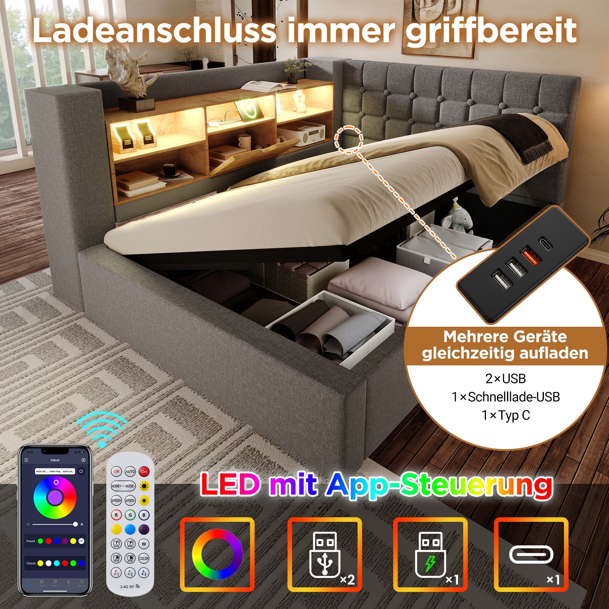 Upholstered Double Bed with LED Lighting, Hydraulic Storage and L-Shaped Headboard, 140x200cm, Grey Linen Fabric