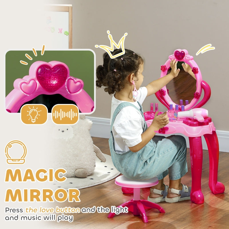 Kids Dressing Table with Mirror, Stool, Light, Music, 15 Accessories, Pink