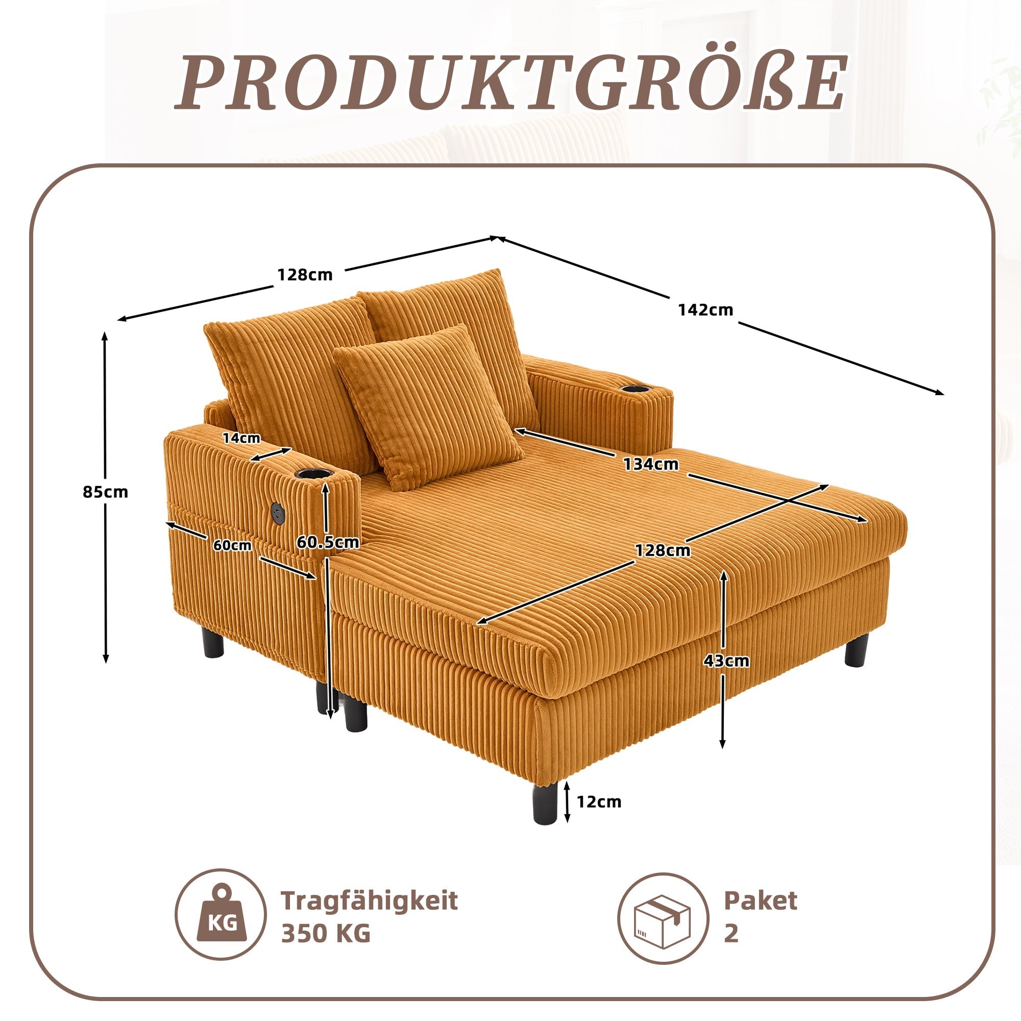 Chaise Longue Recliner, Soft, with Cupholders, USB, LED Lighting