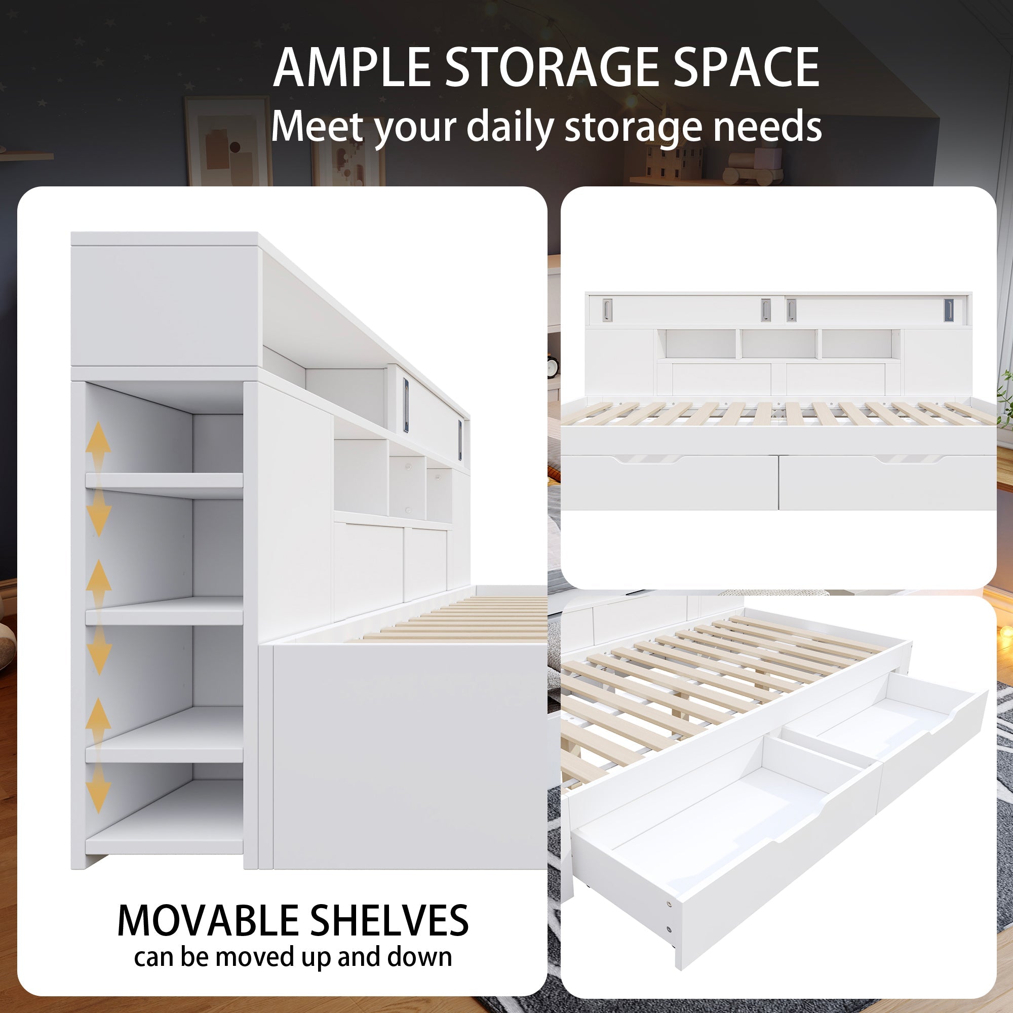 Sofa Bed Storage Daybed, Double 4ft 6in (135x190 cm) Multifunctional Bed with Drawers and Shelves, White