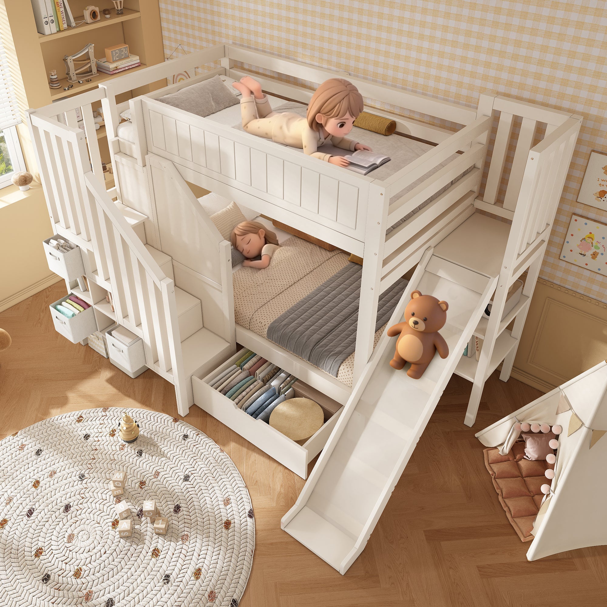 Children's Bunk Bed with Slide, Ladder Wardrobe, Drawers and Shelf, 90x200cm, White