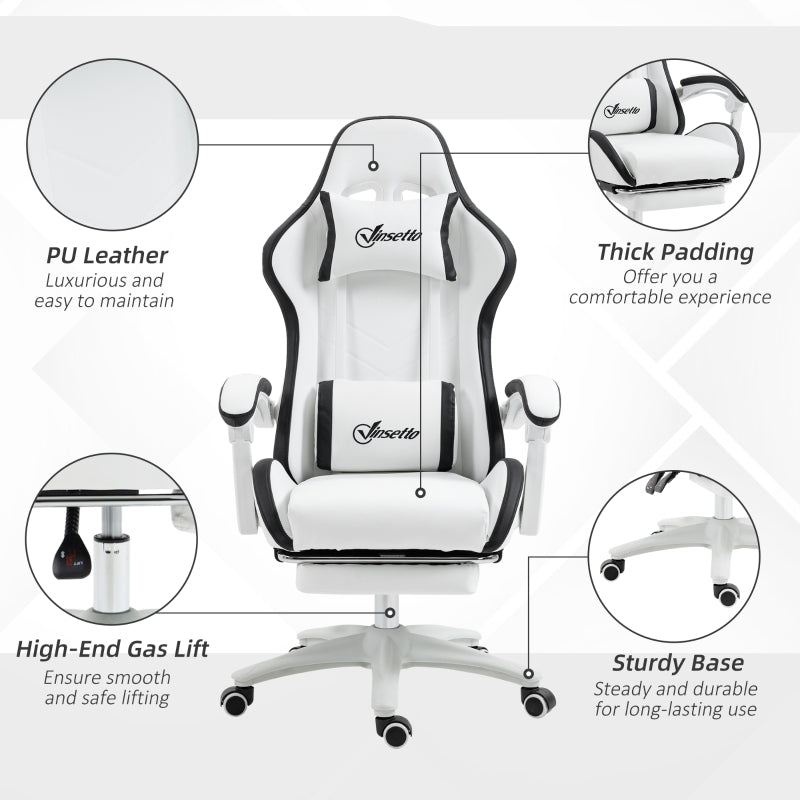 Computer Gaming Chair with Footrest, 135° Reclining Back, Lumbar Support, PU Leather White and Black