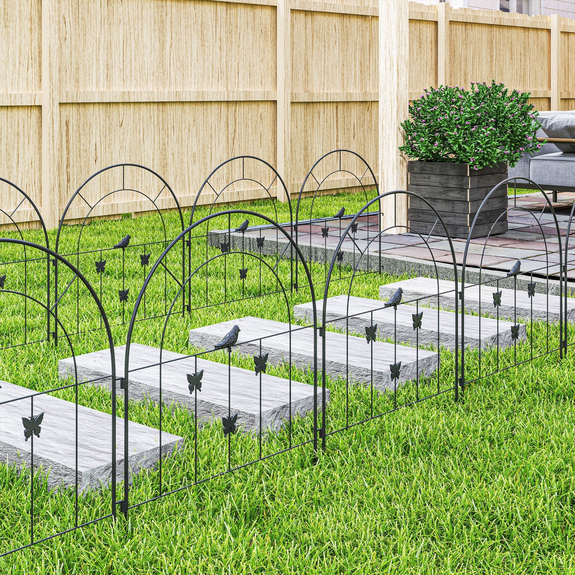Garden Fence Set, Decorative Mesh 300x70cm Arched Top Barrier, Steel Black