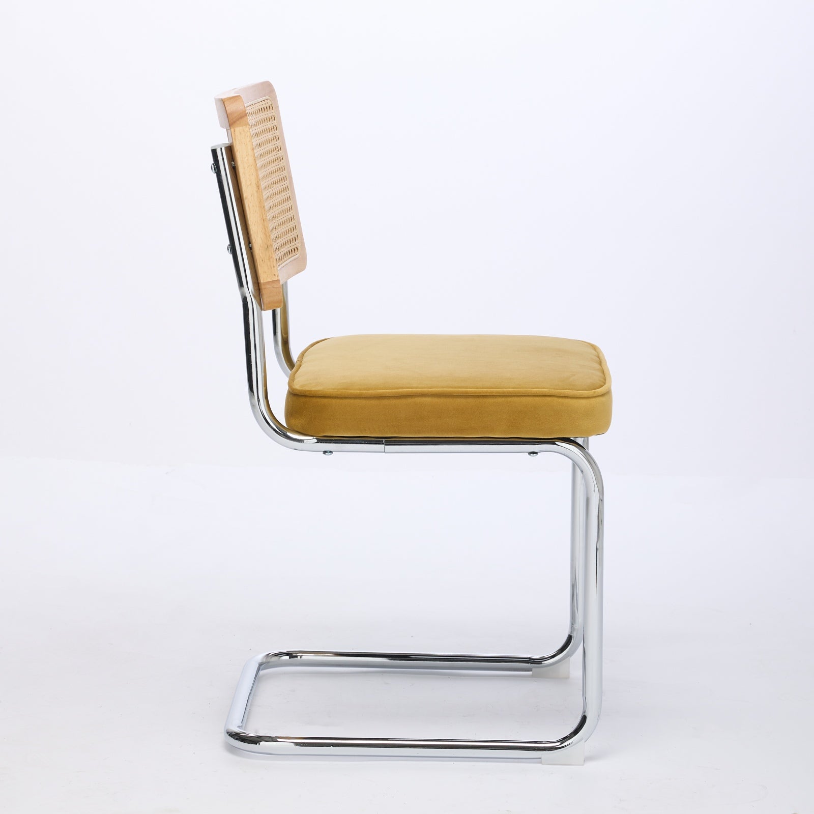 Mid Century Modern Dining Chairs Set of 2 - Velvet Cane Back Chrome Base - Golden Color