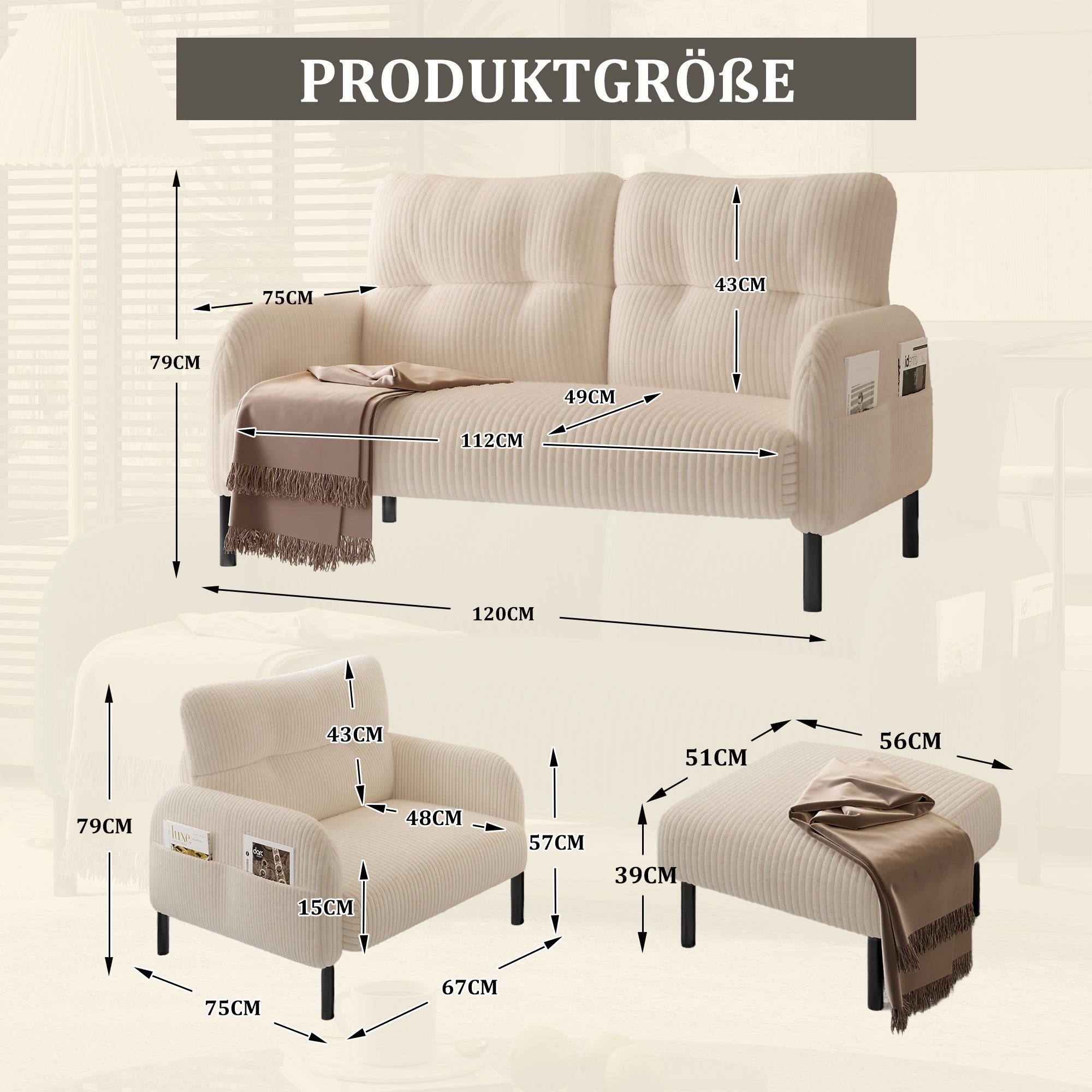 Cord 3-Piece Set Armchair Footstool 2-Seater Sofa Modular Deep Seat, Beige