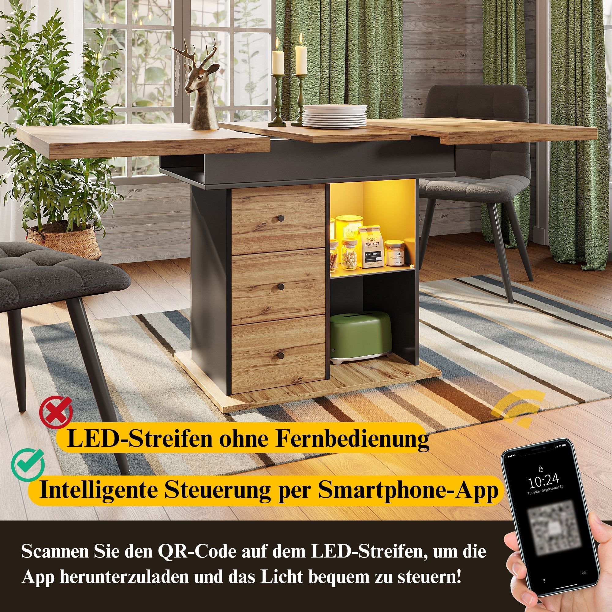 Telescopic Dining Table with Extendable Top and LED Lighting, Black