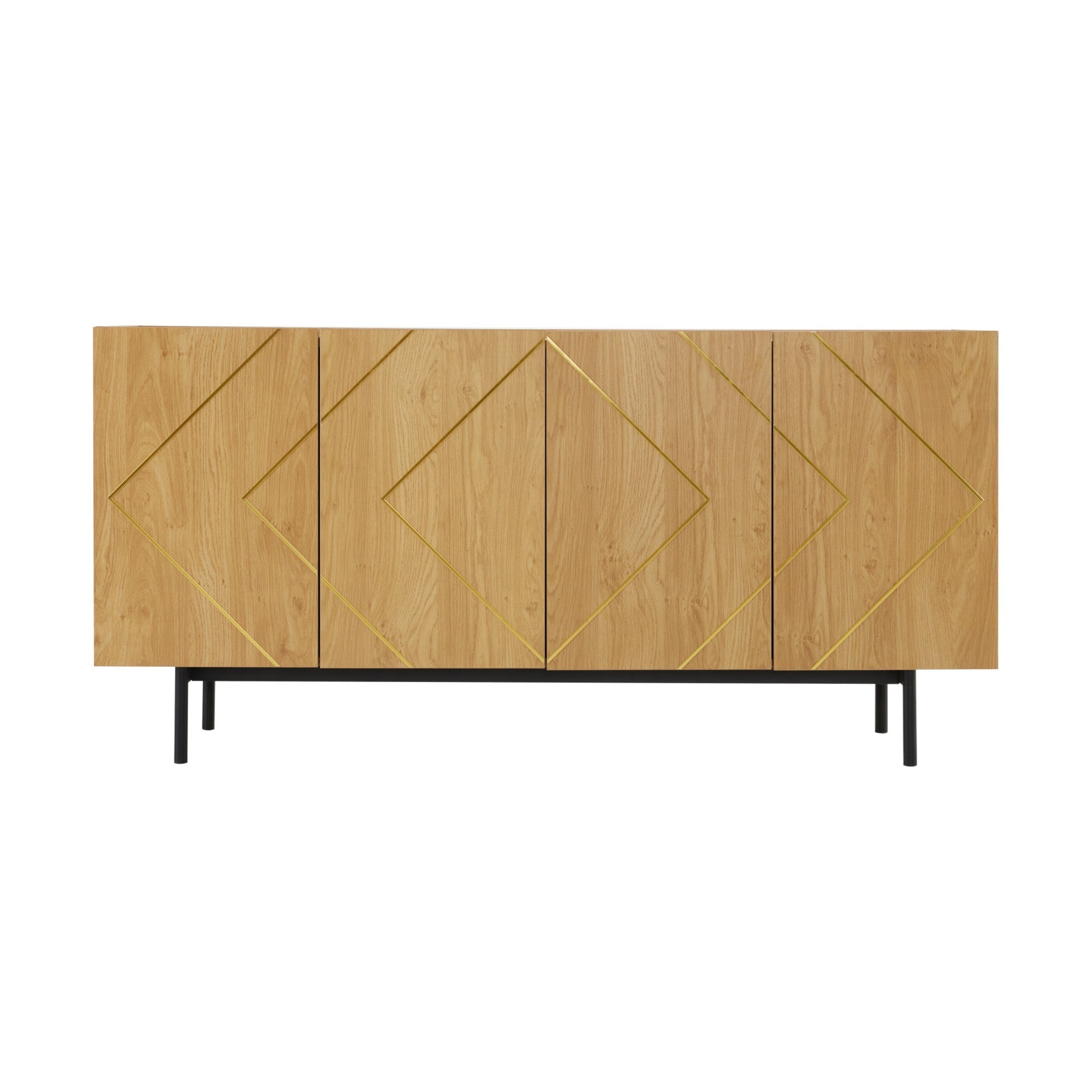 Sideboard living room buffet cabinet with 4 doors and metal inlay natural wood