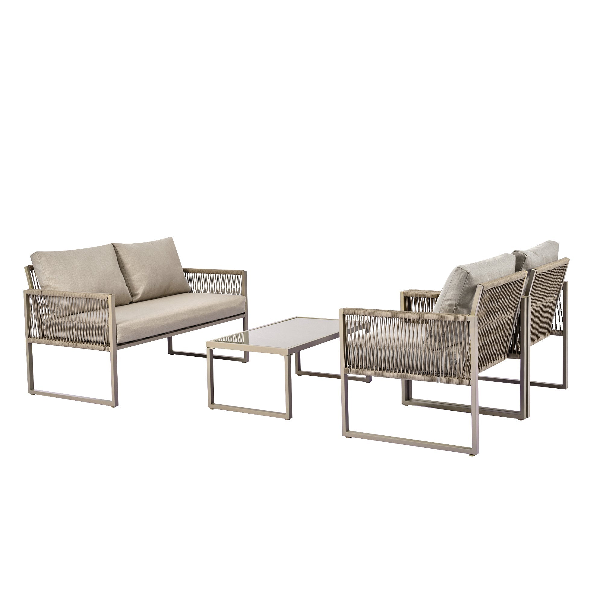 Outdoor Patio & Backyard Furniture Lounge Set for 4, Space Saving Sofa with Glass Coffee Table, Khaki