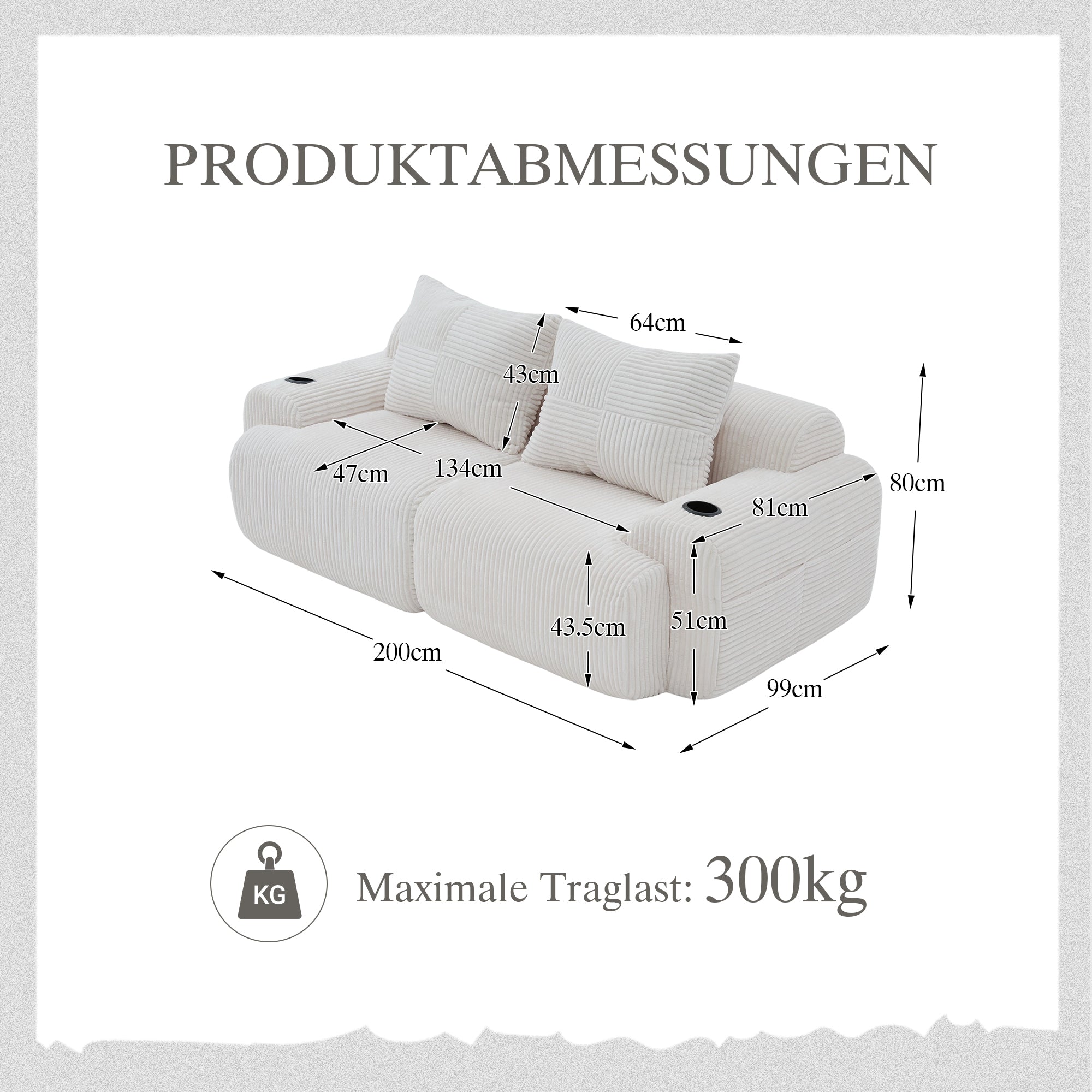 Modular 2-Seater Sofa with Cup Holder and Side Storage Pocket, Beige Corduroy