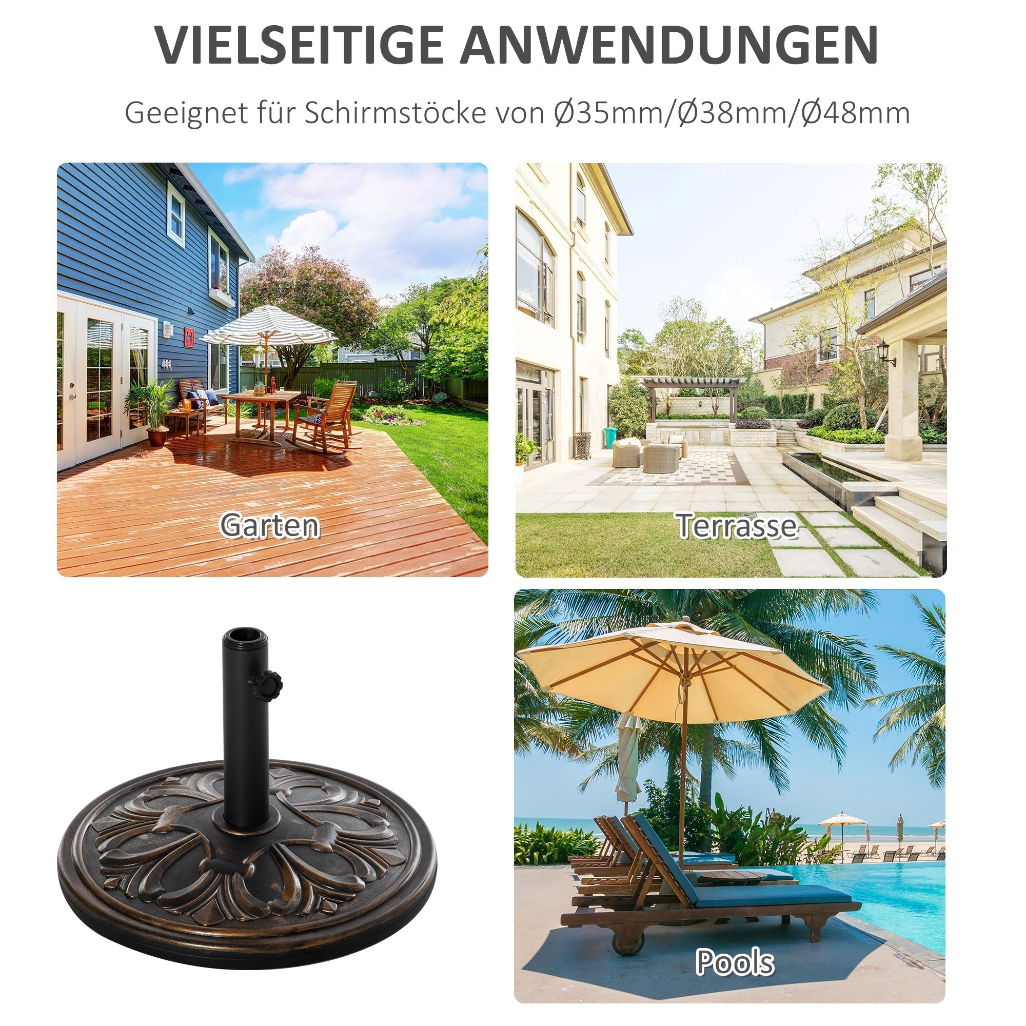 Parasol Base 13 kg Umbrella Holder Ø35/Ø38/Ø48mm, Plastic/Cement Antique Bronze