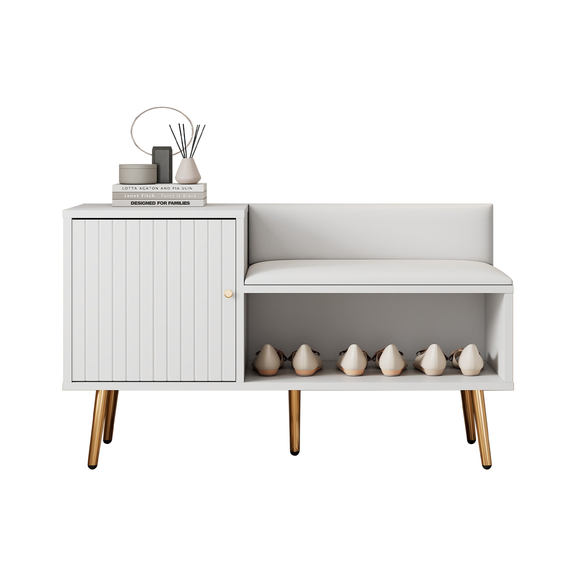 modern luxurious shoe chest with storage, upholstered bench, backrest, metal handles and legs, white