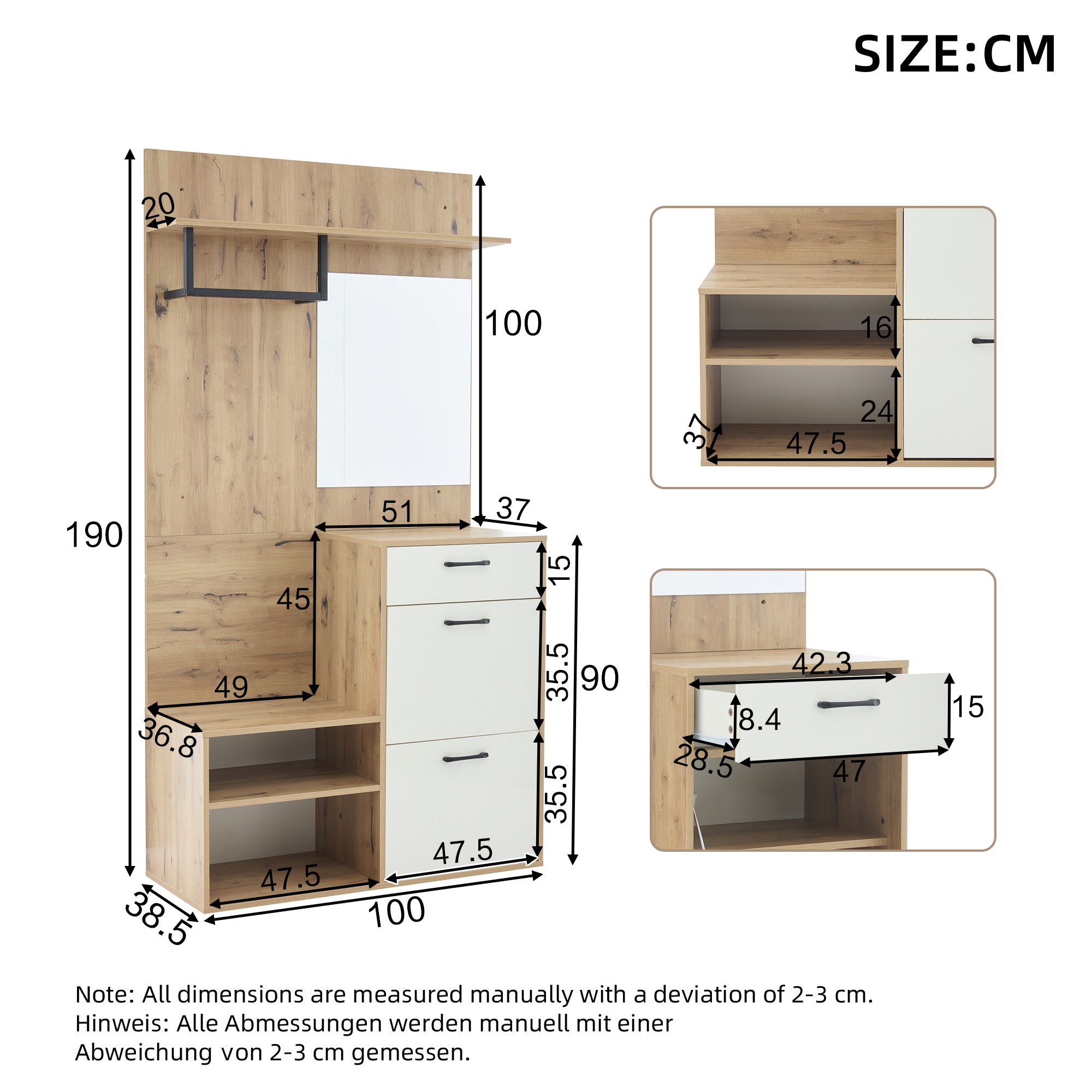 Wardrobe Set, Mirror, Shoe Bench, 1 Drawer, 2 Cabinets, White Wood