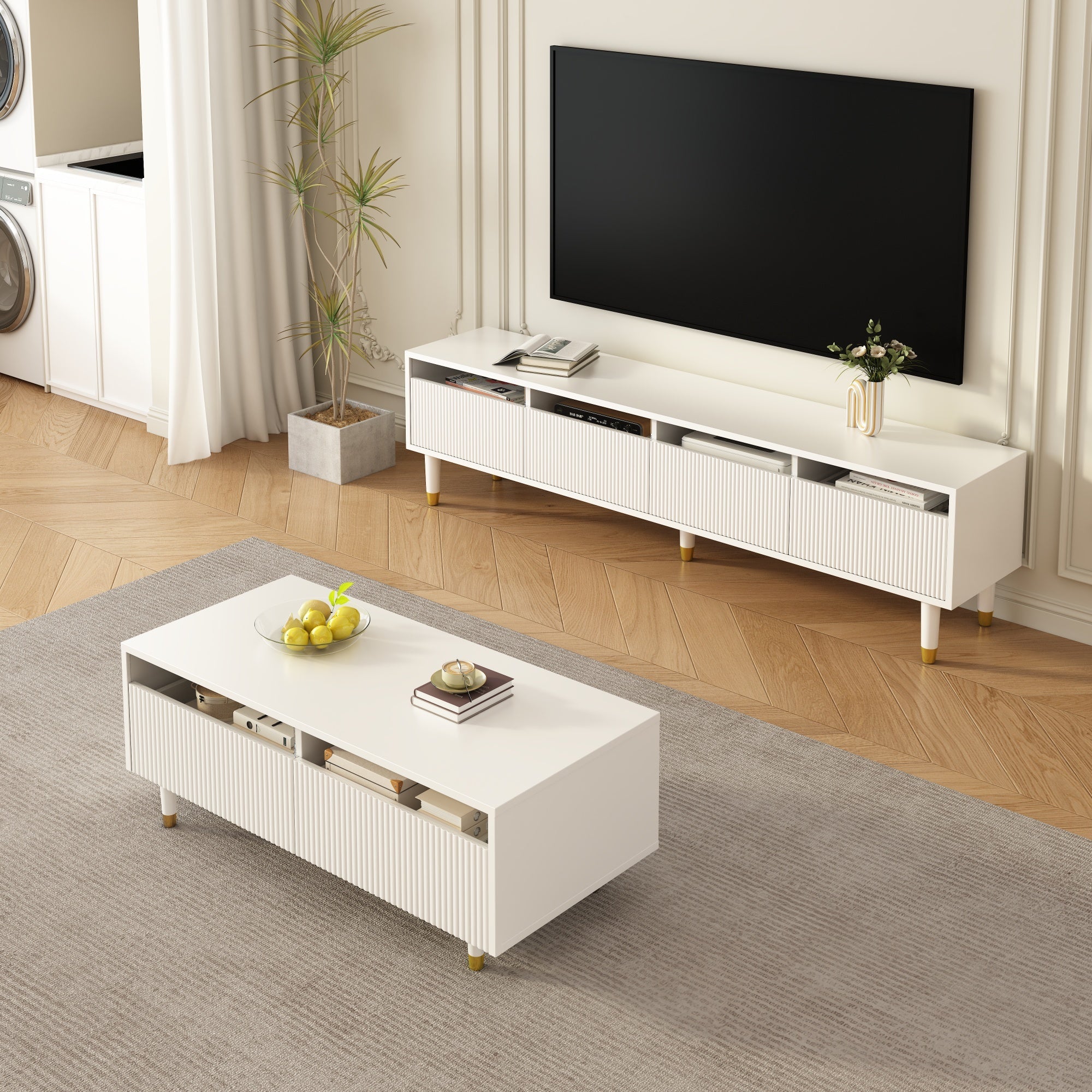 LED Furniture Set, 4-Door TV Stand & Coffee Table with 2 Drawers, White Gold Design