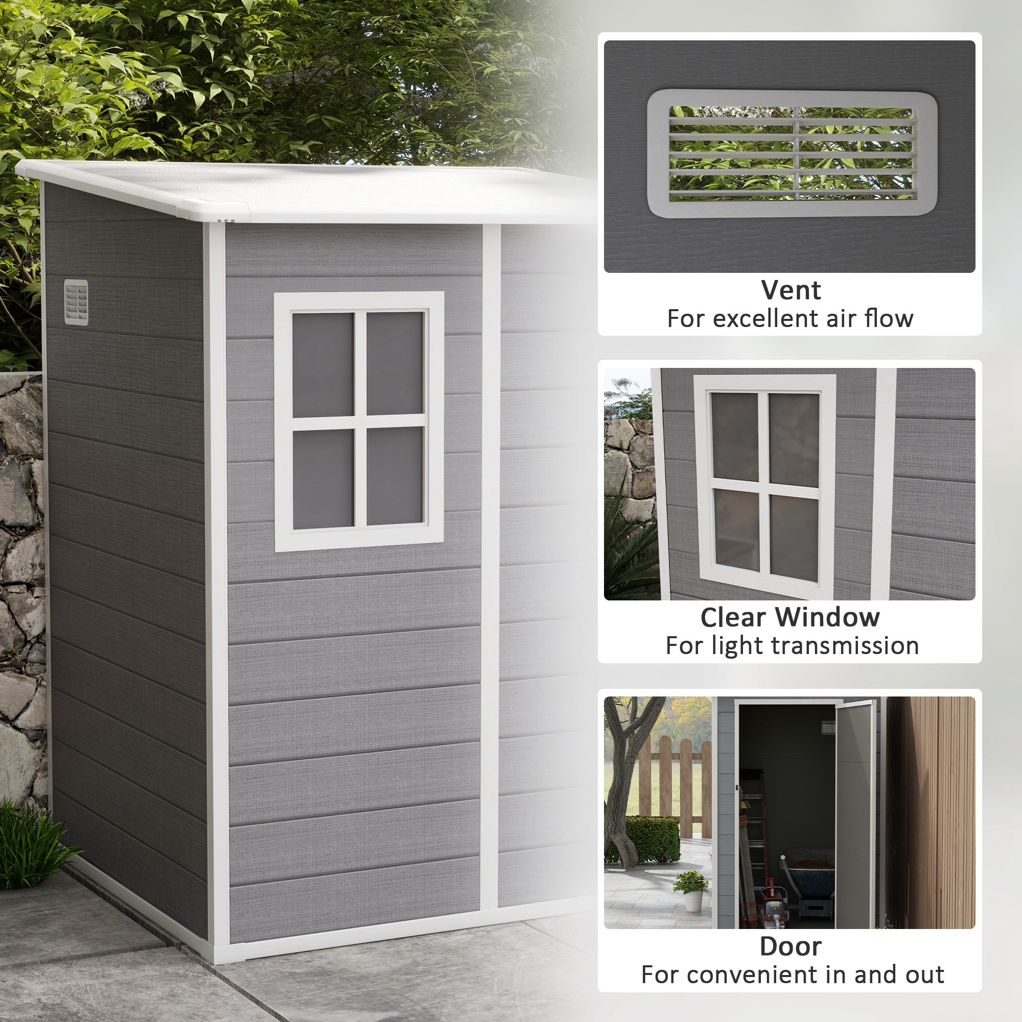 4'x5' Garden Storage Shed with Window, Vent, Plastic Roof, Grey