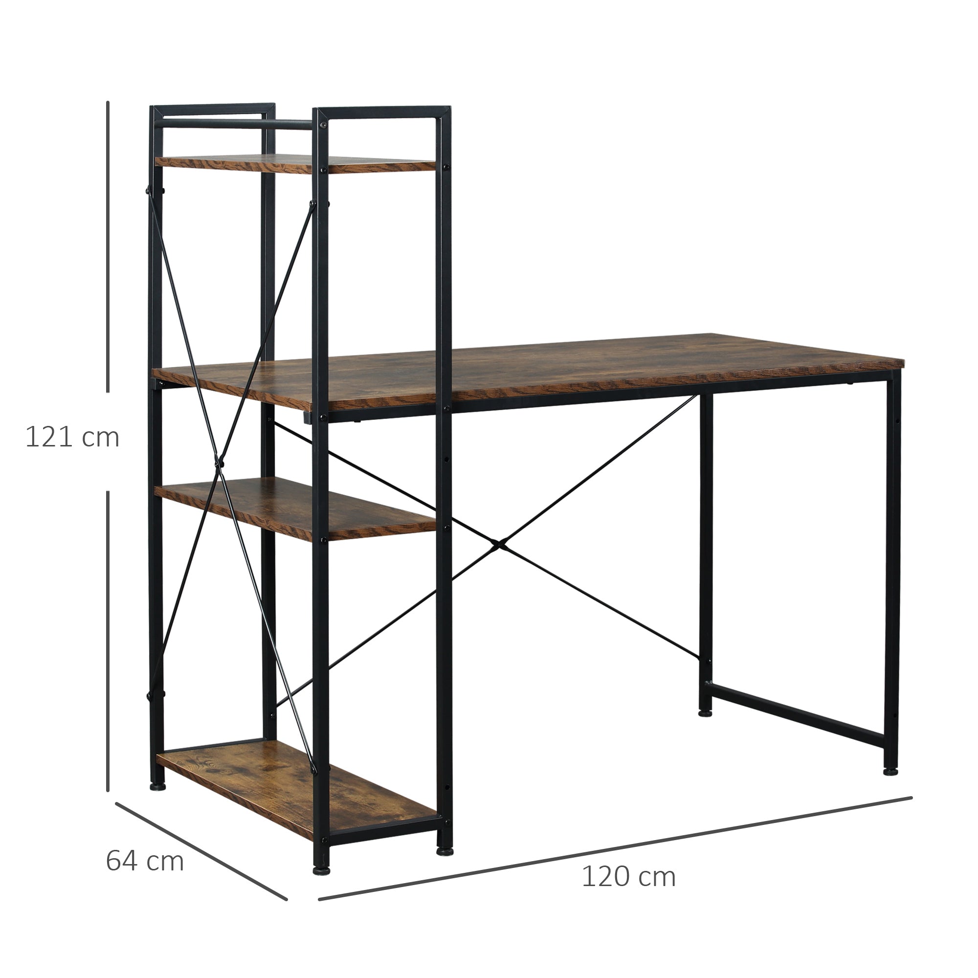 Study Desk Computer Table with 4-Tier Bookshelf and Metal Frame, Rustic Brown & Black