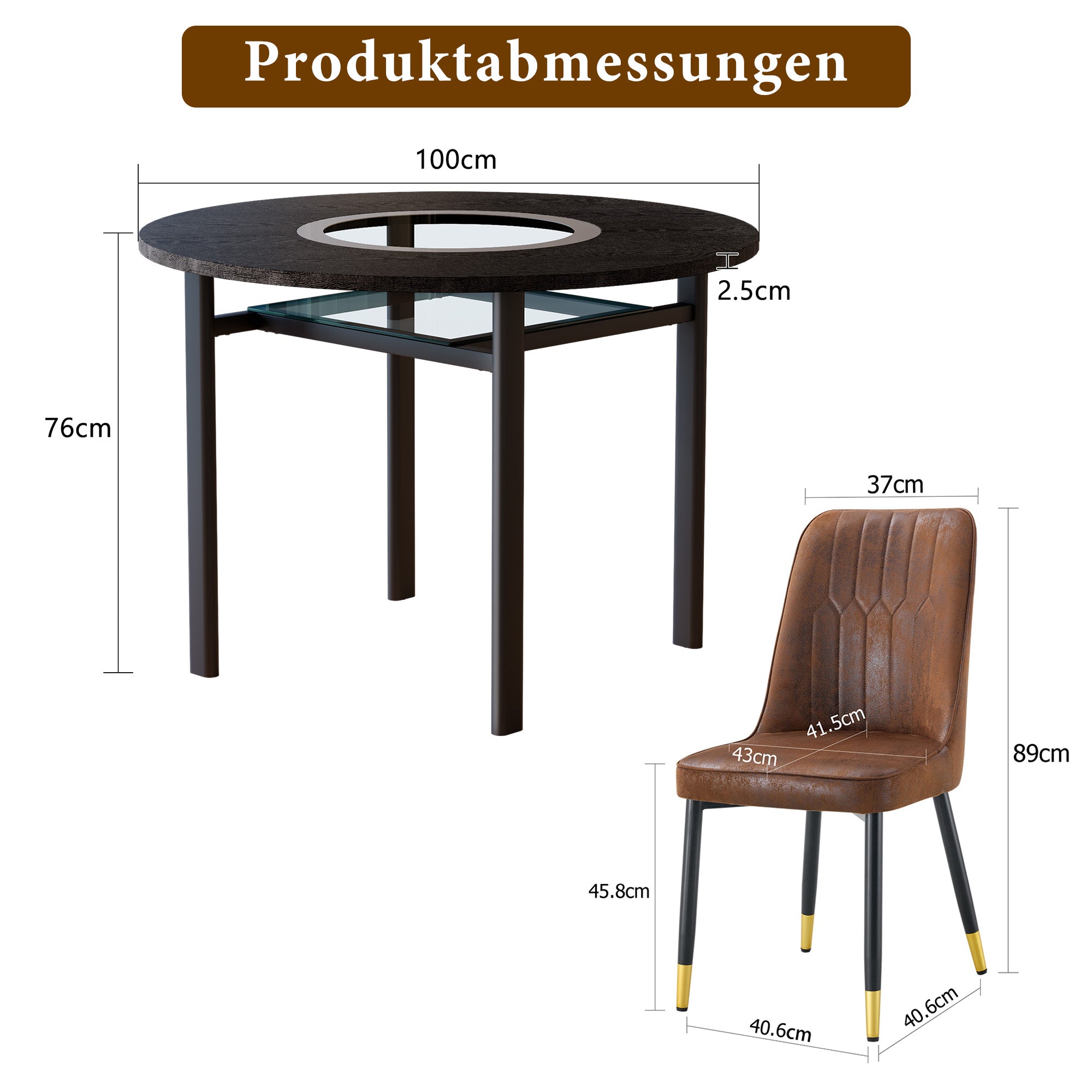 Round Dining Set 100cm 4 Tech Fabric Chairs - Black Wood Look/Brown
