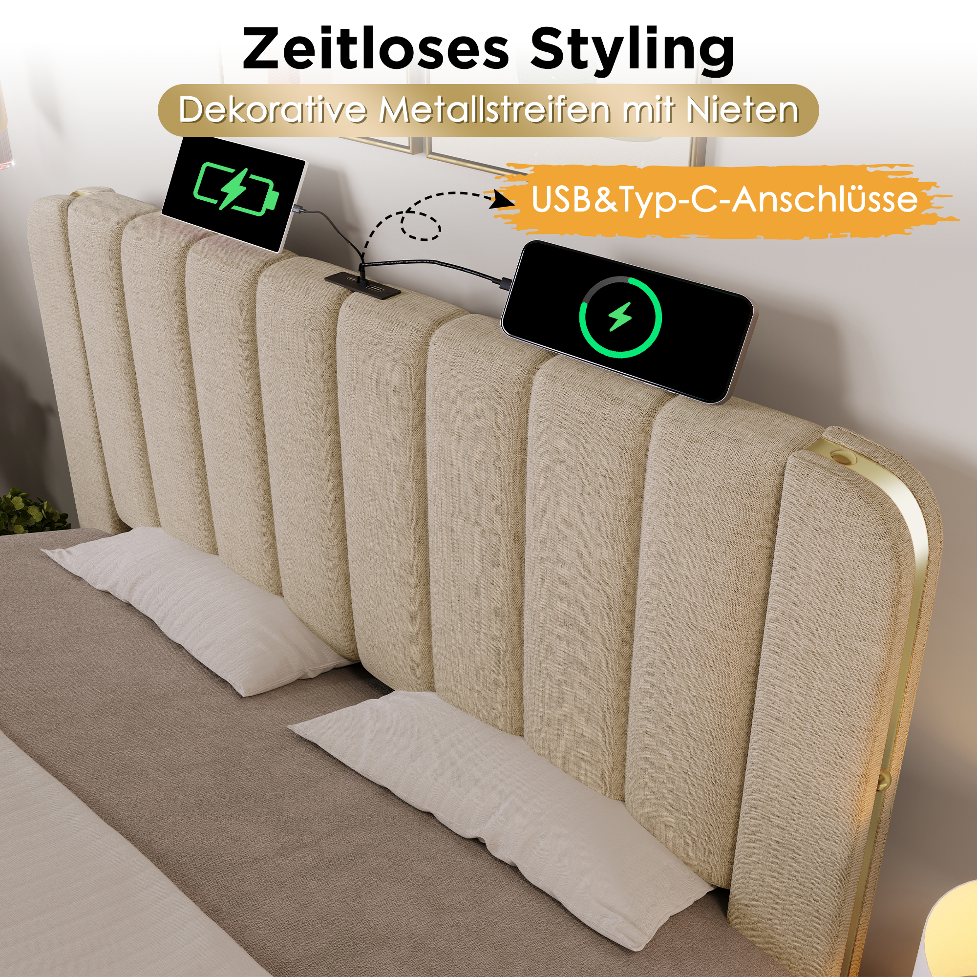 Upholstered Bed 180x200cm, Padded Headboard USB Type-C, 4 Drawers, Beige Linen