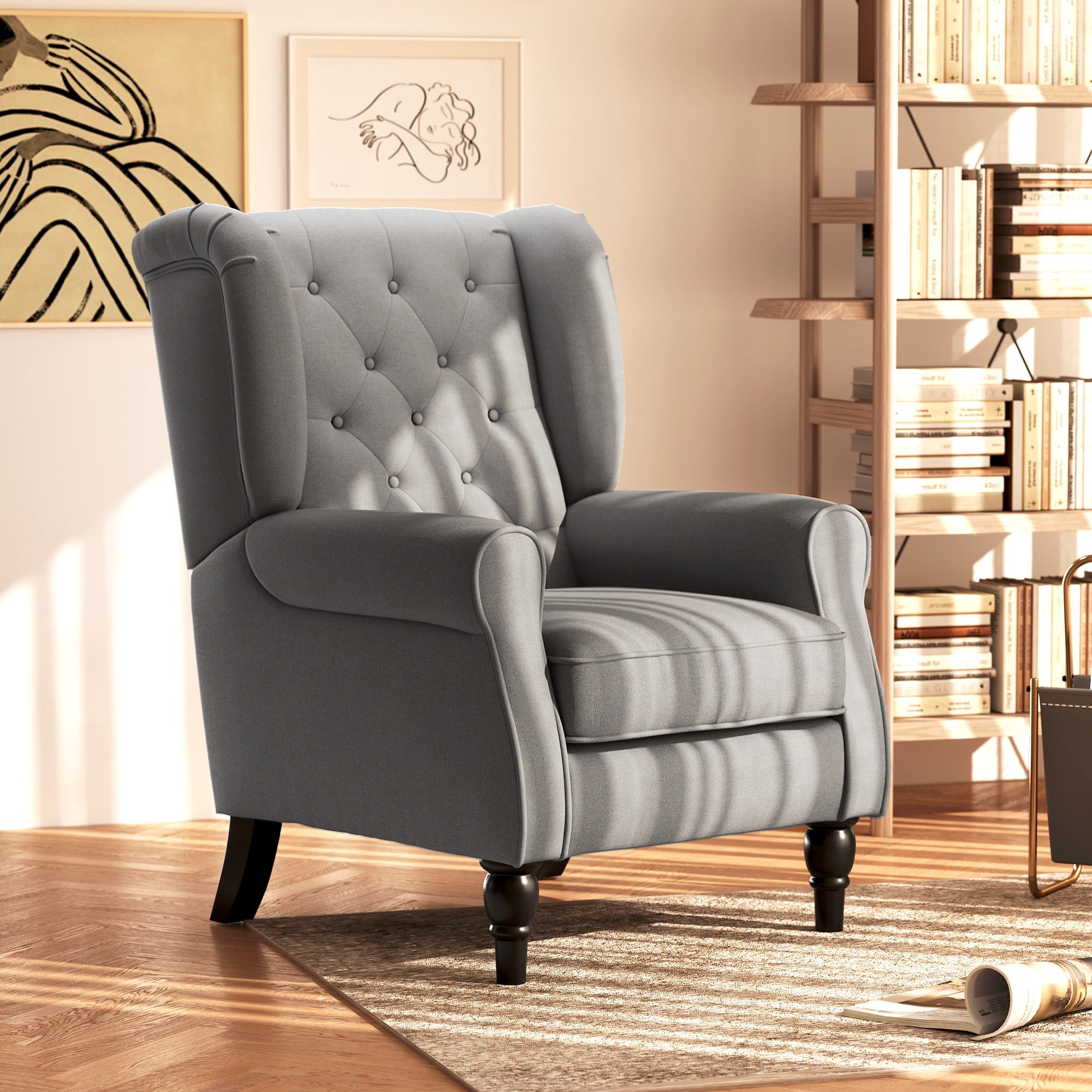 Single Armchair, Wingback Chair, Tufted, Dark Grey Polyester