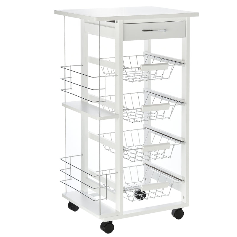 Multi-Use Kitchen Island Trolley, 4 Baskets Drawer Worktop 4 Wheels, White