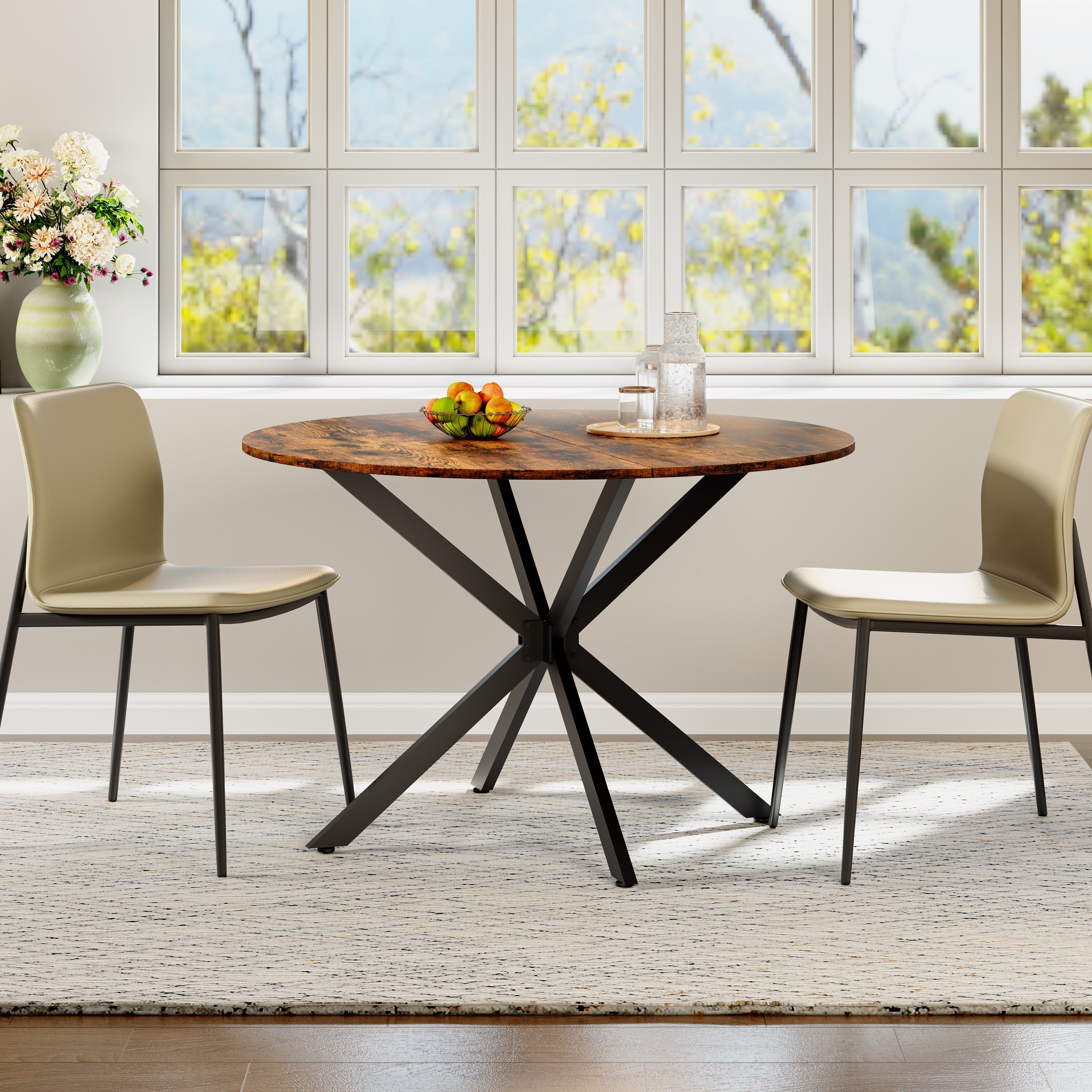 Round Dining Table 120cm Industrial X-Legs Vintage Brown-Black