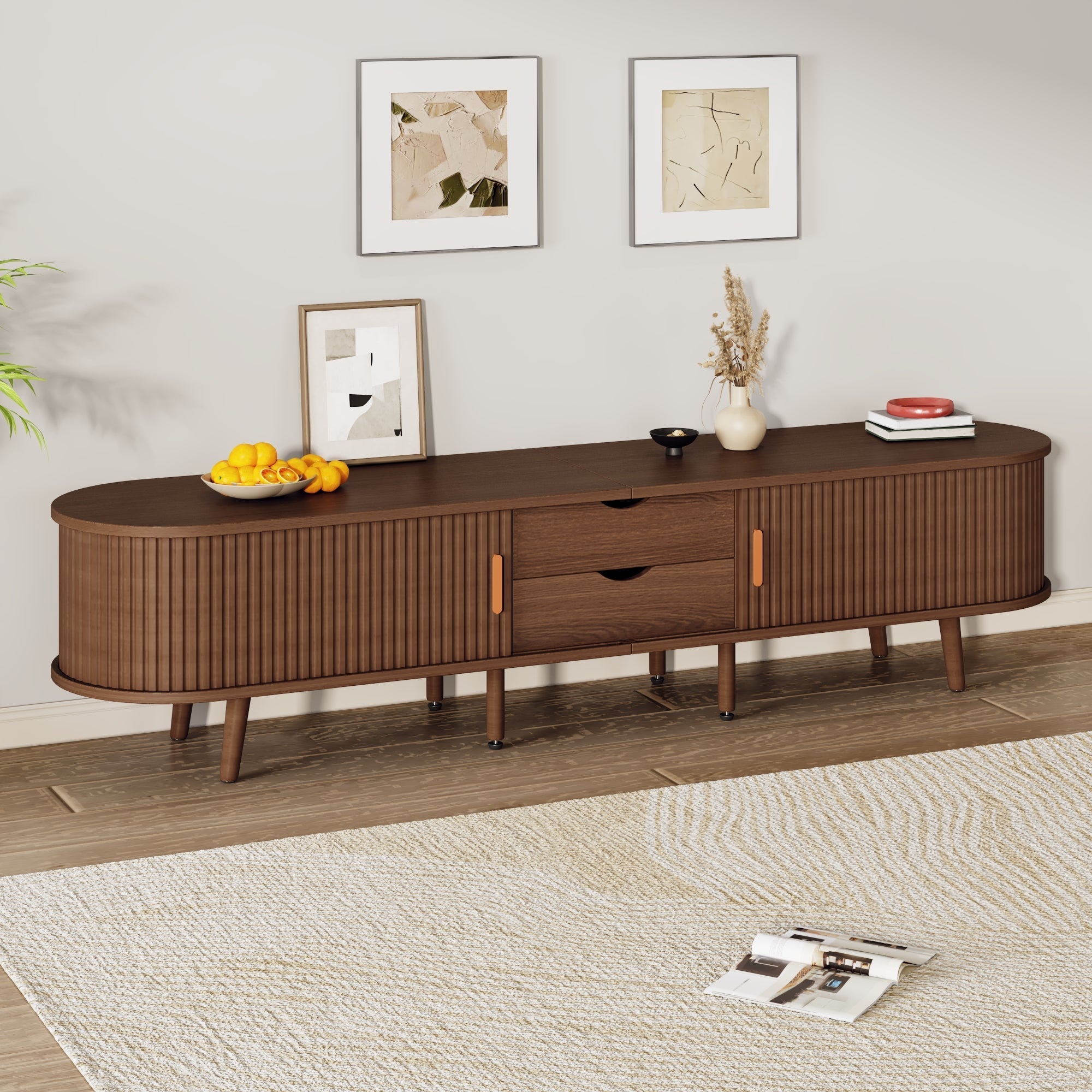 TV Stand with Drawers and Sliding Doors, Oval Cabinet for 70 Inch TV, Dark Oak MDF