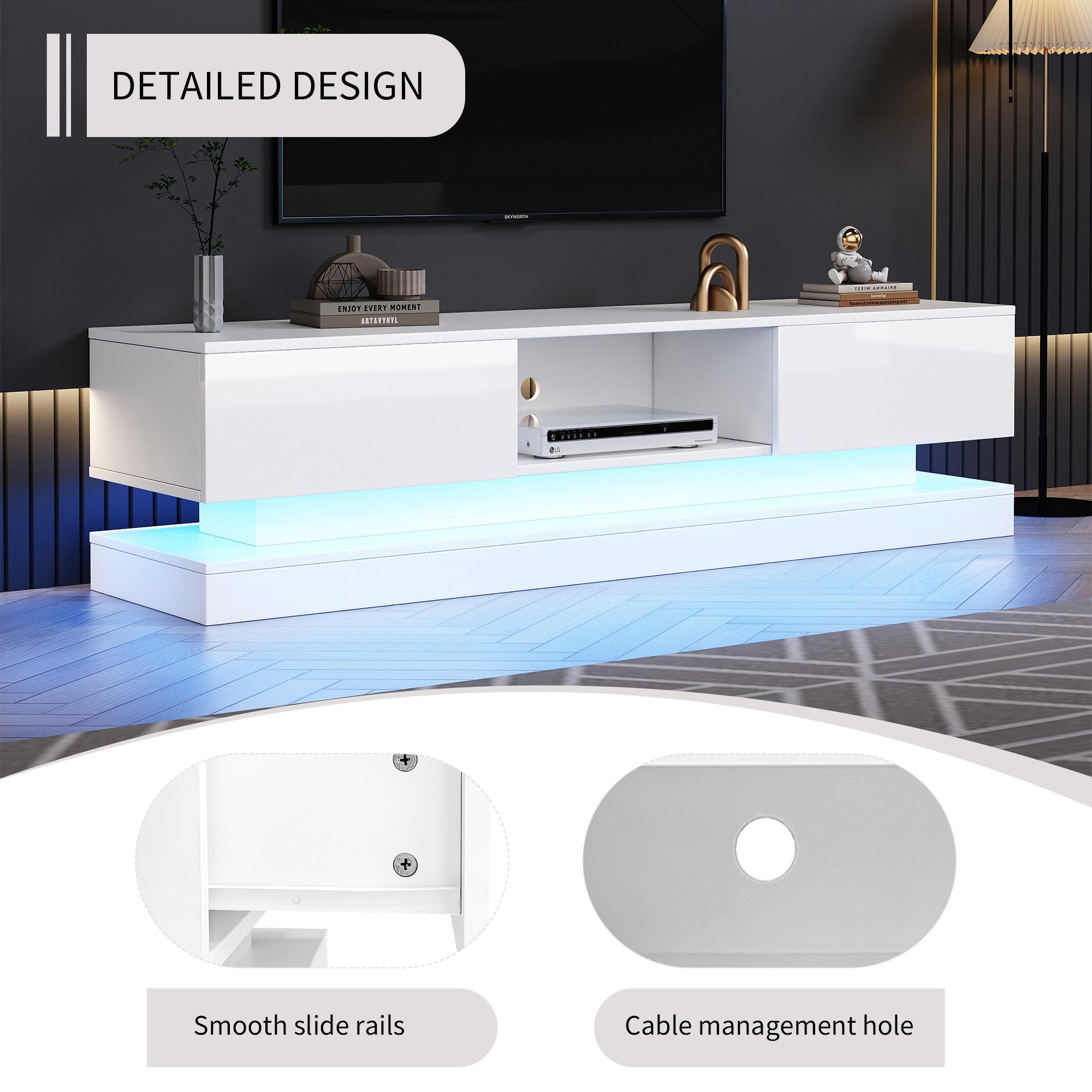 TV Cabinet with LED Lighting, 2-Drawer, Anti-Tip, for 60-inch TVs, White High-Gloss