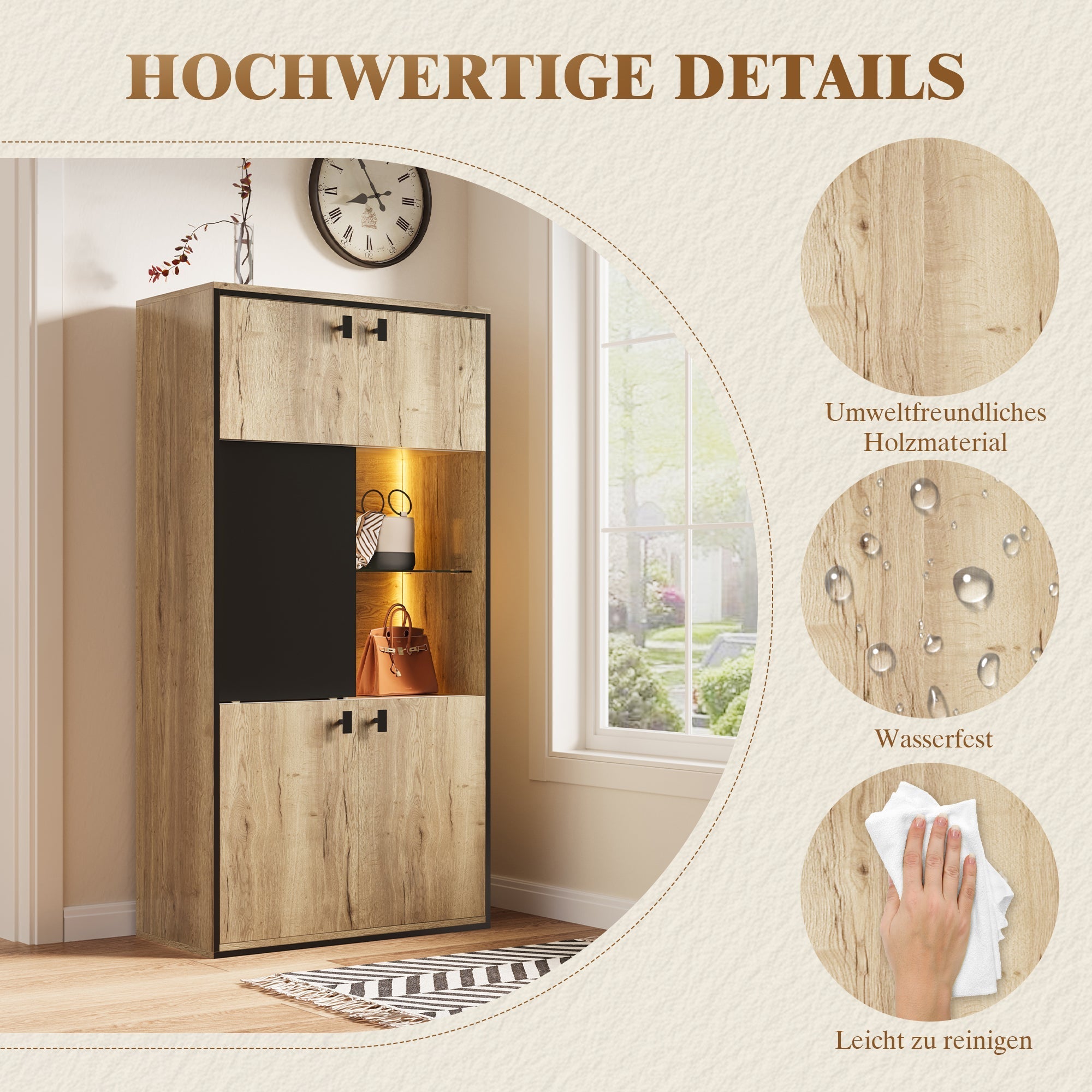 Modern Wardrobe Combination with LED Lighting and Sliding Doors, Wood Look and Black