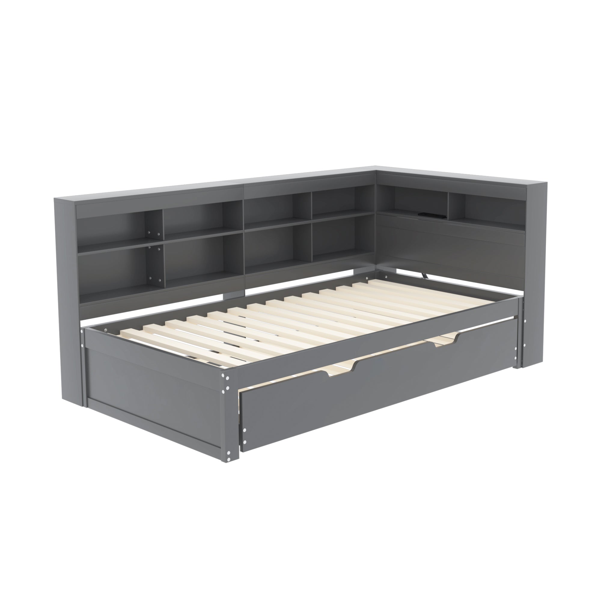 Multifunctional Sofa Bed with Extendable Bed, USB Socket and Storage, Grey Solid Wood