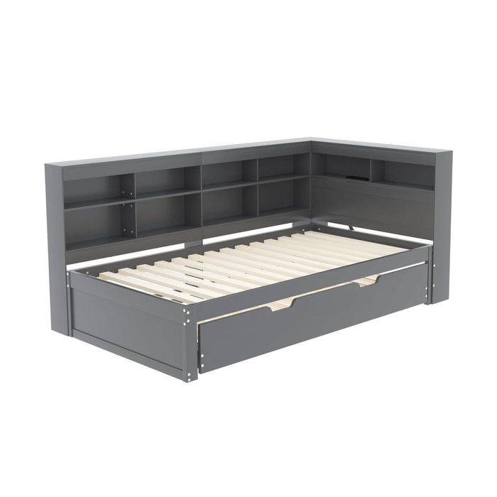 Multifunctional Sofa Bed with Extendable Bed, USB Socket and Storage, Grey Solid Wood