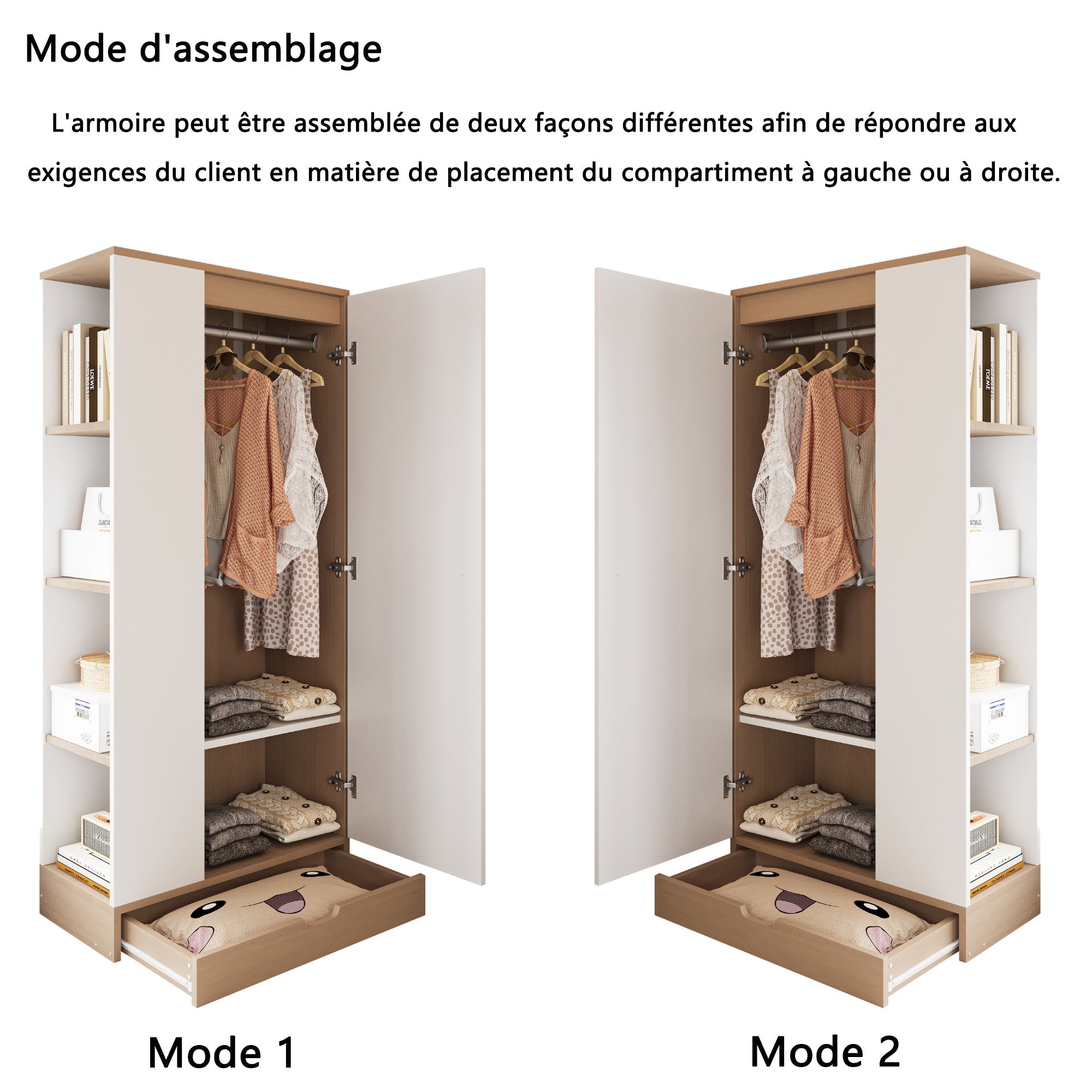 Wardrobe 70x40x170cm Single Door with Shelves and Drawers, Natural Wood/White