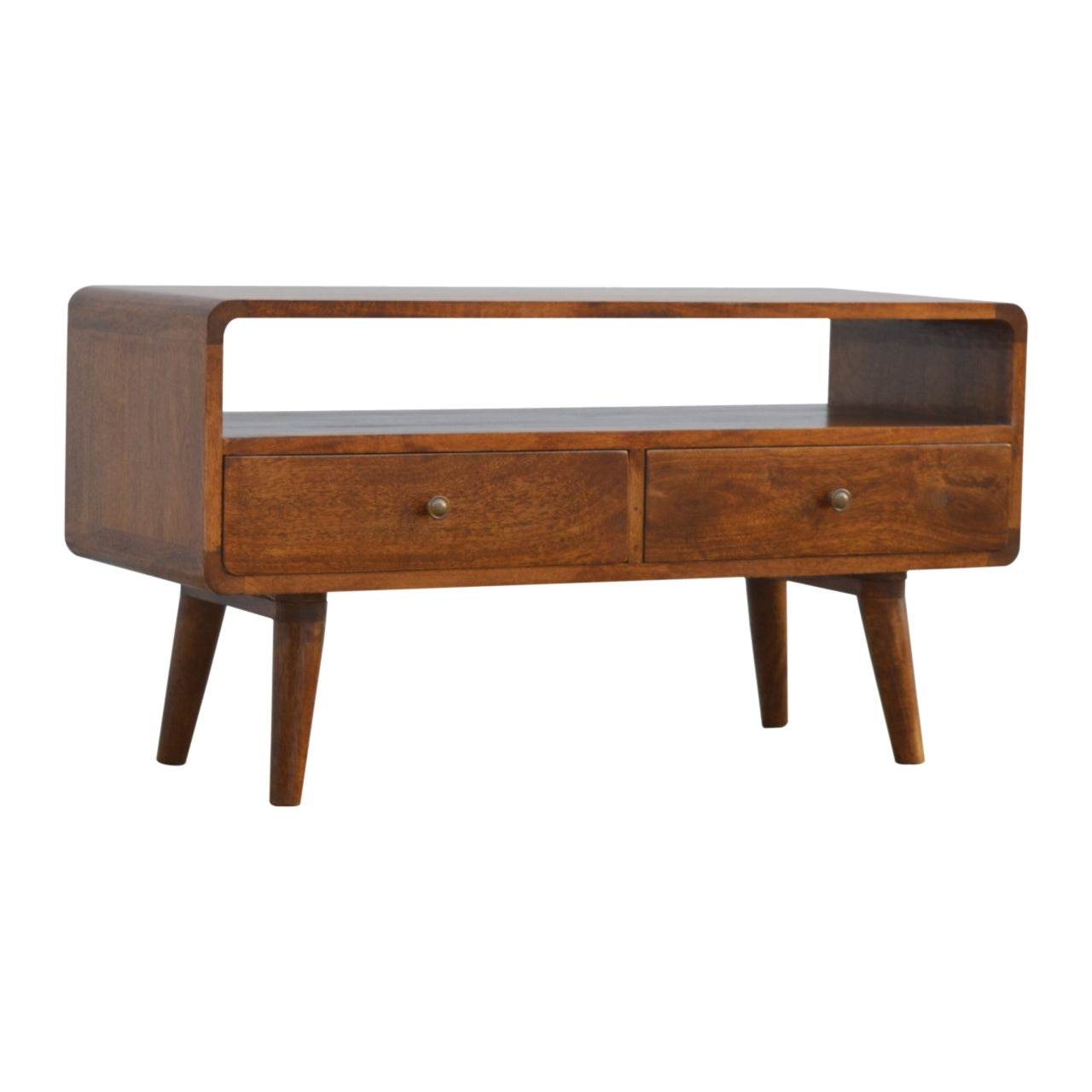 Solid Wood Media Unit, Curved Chestnut 2 Drawers 1 Open Slot, Dark Brown