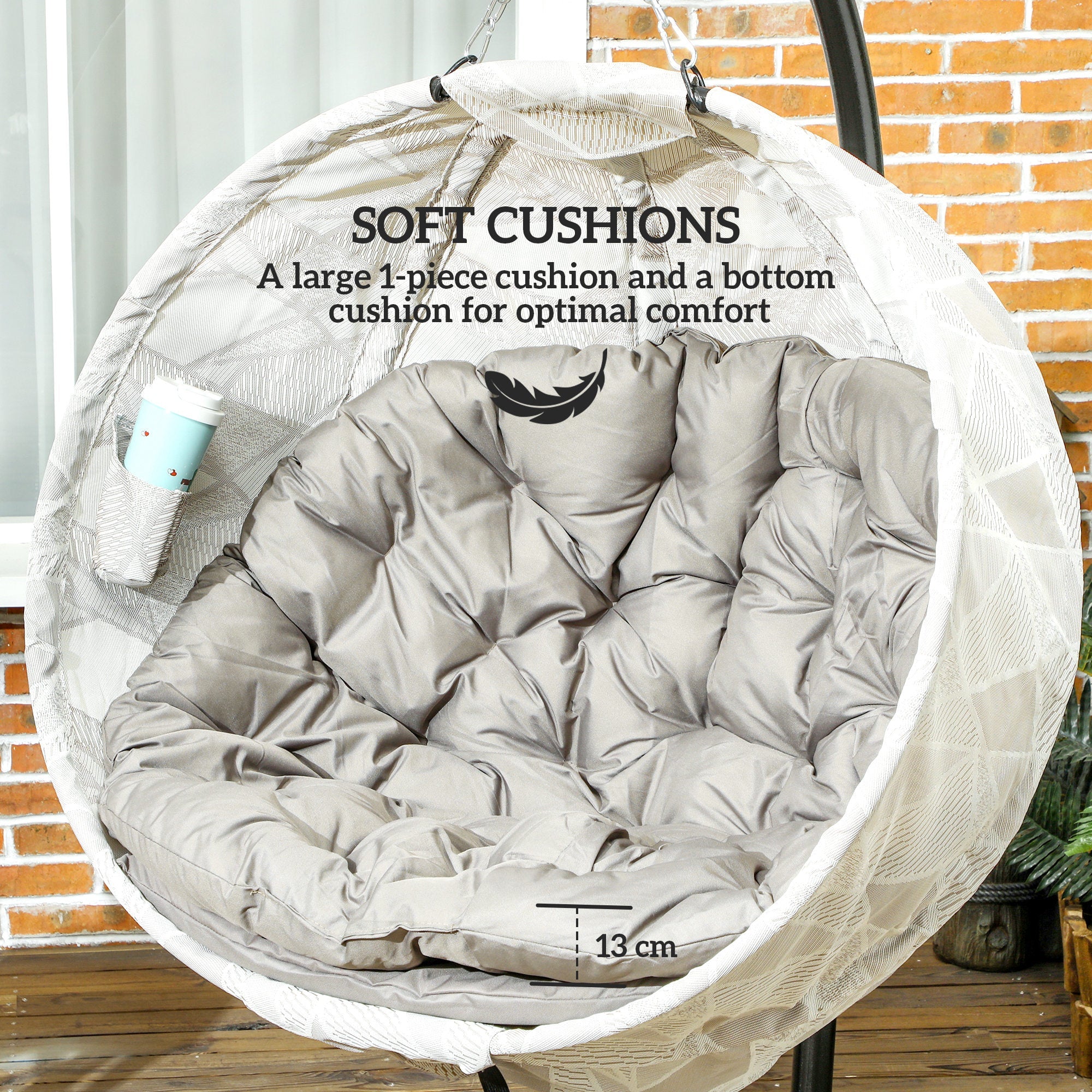 Hanging Egg Chair, Folding Basket Stand Thick Cushion Cup Holder, Sand Brown