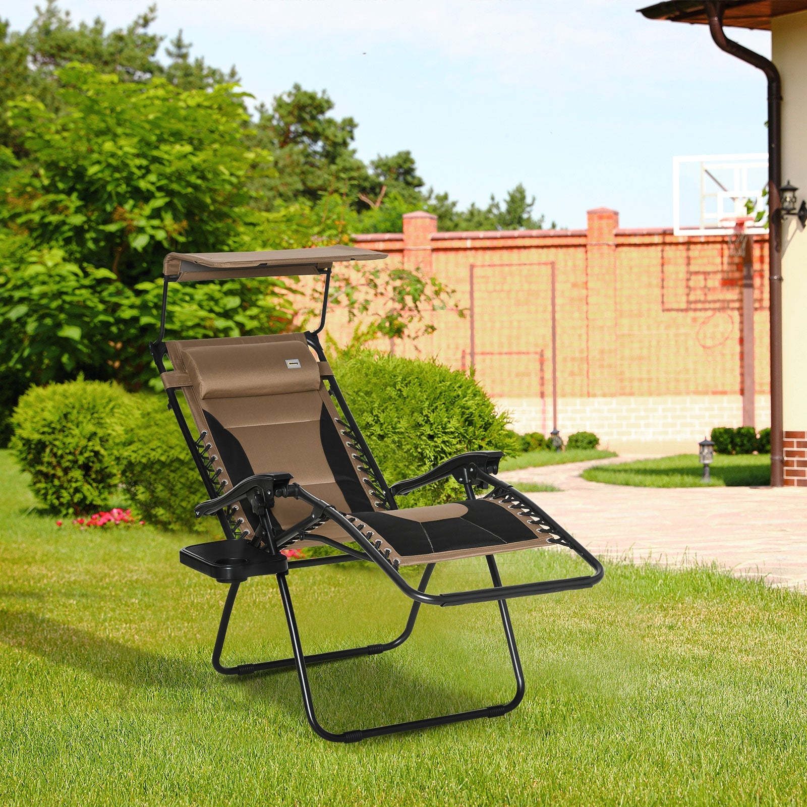 Zero Gravity Lounger Chair, Folding Reclining with Shade Cover, Padded Seat, Cup Holder, Coffee