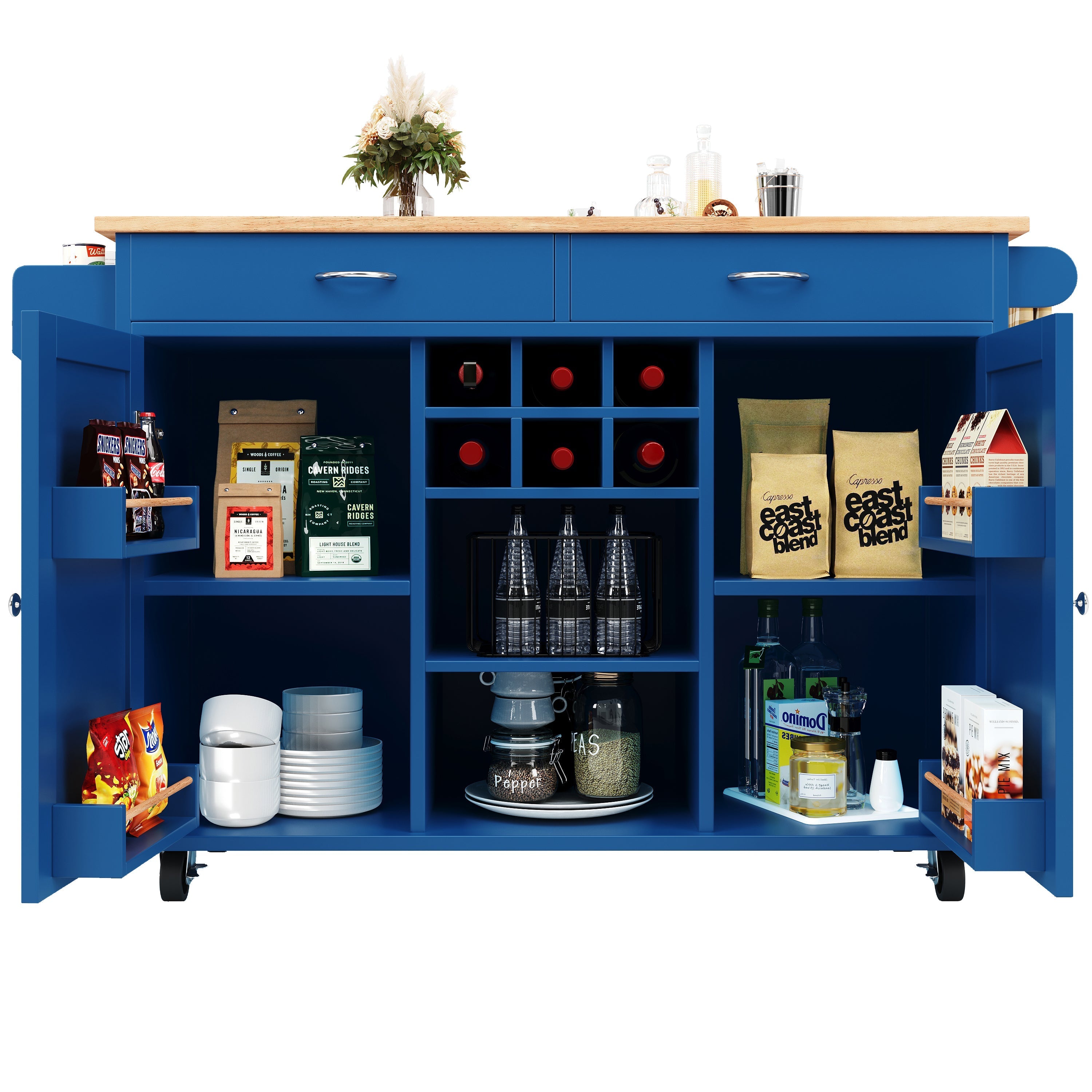 Modern Kitchen Island Dining Table Storage Wood Grain - Blue