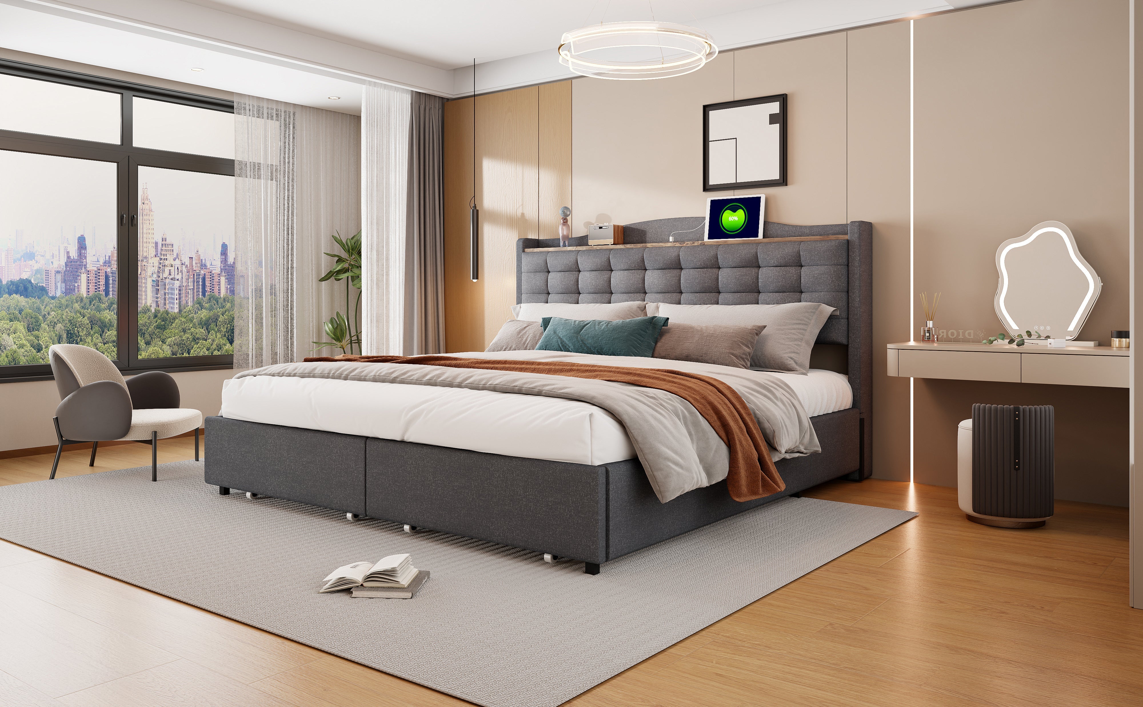 Upholstered Bed 160*200 cm, with USB Charging Bedside Table and 4 Drawers, Gray Linen Fabric