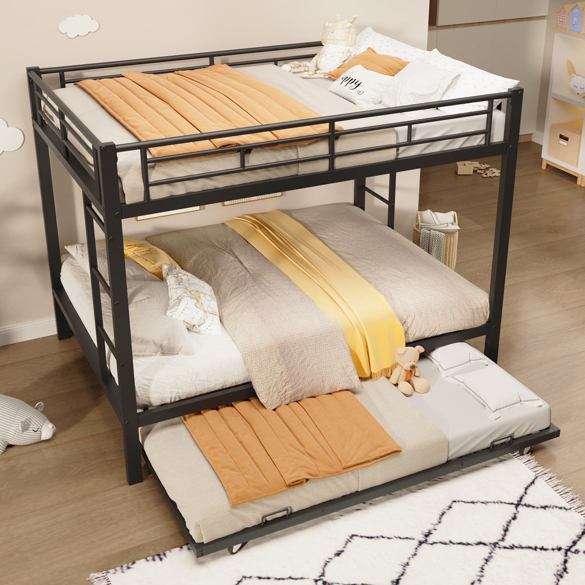 140*200cm Bunk Bed with Pull-out Bed and High Railings, Iron, Black