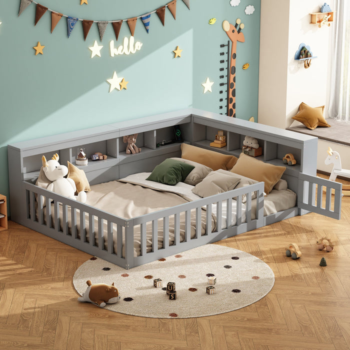 Daybed with Storage and USB Ports, 140x190cm Sofa Bed with Slatted Base and Railing, Grey Chipboard