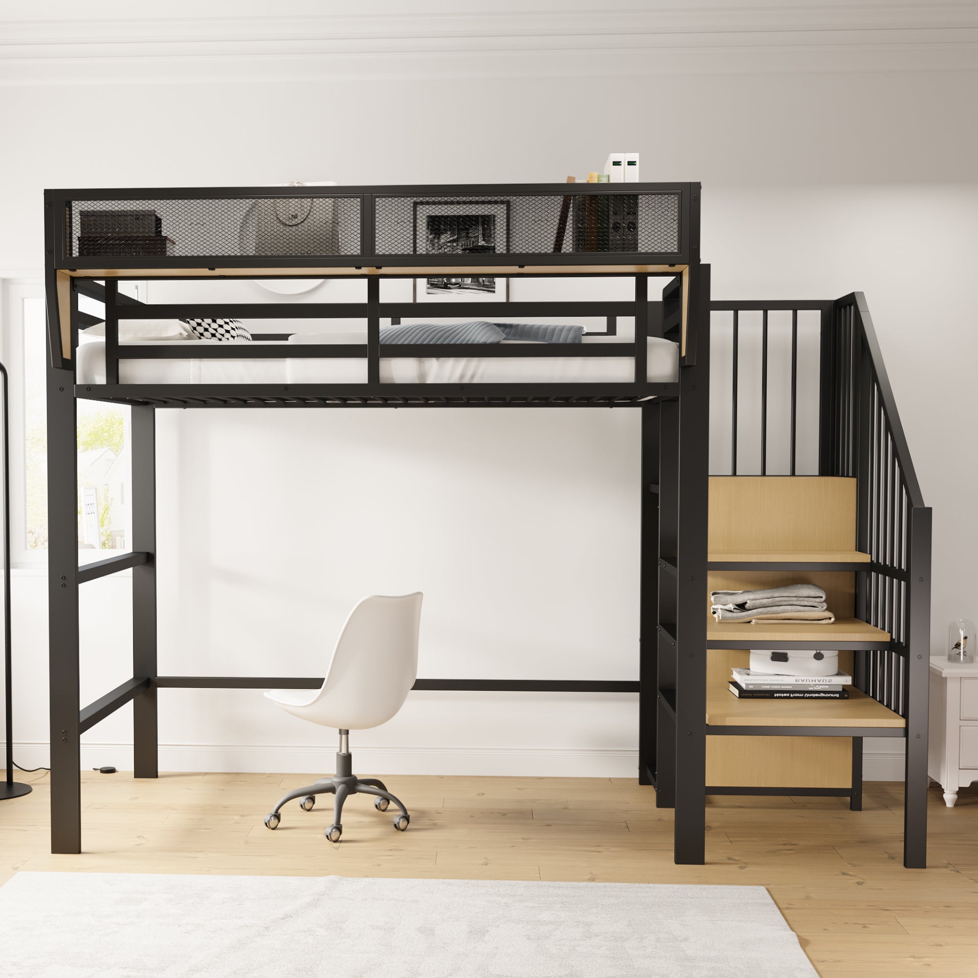 Loft Bed 90x200 with Safety Ladder Storage Bunk Metal, Black
