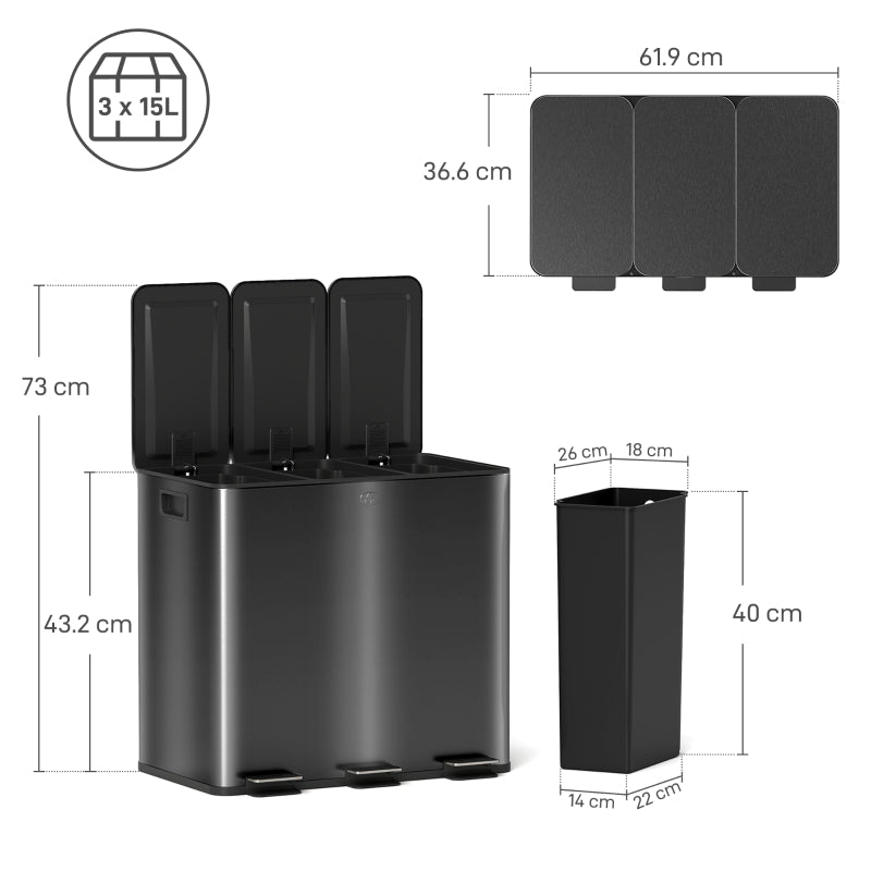3 x 15L Pedal Bin Triple Kitchen Bin Soft Close Fingerprint-Proof Black