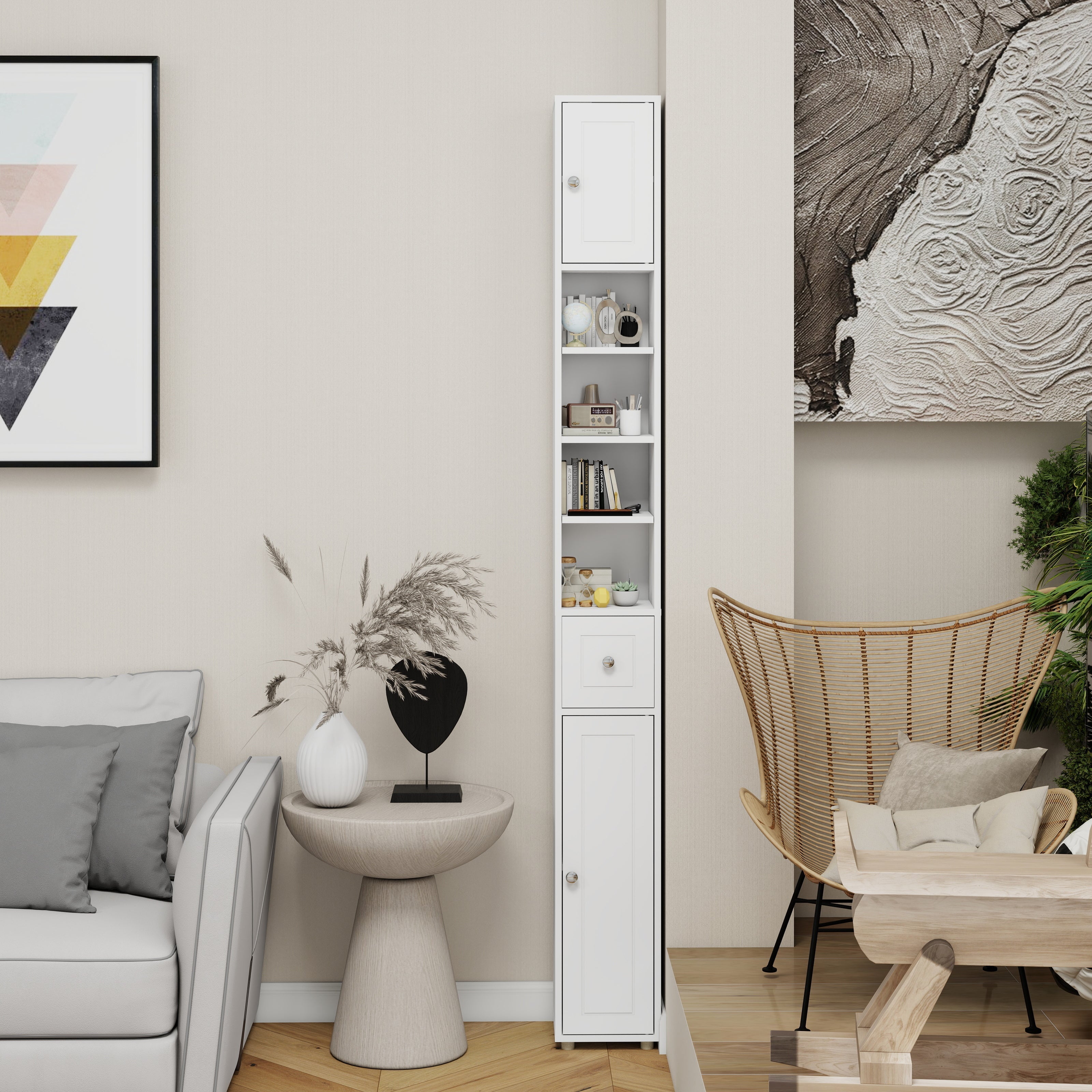 Tall Slim Bathroom Storage Cabinet, 71" Freestanding with 1 Drawer, 2 Doors, 4 Shelves-White