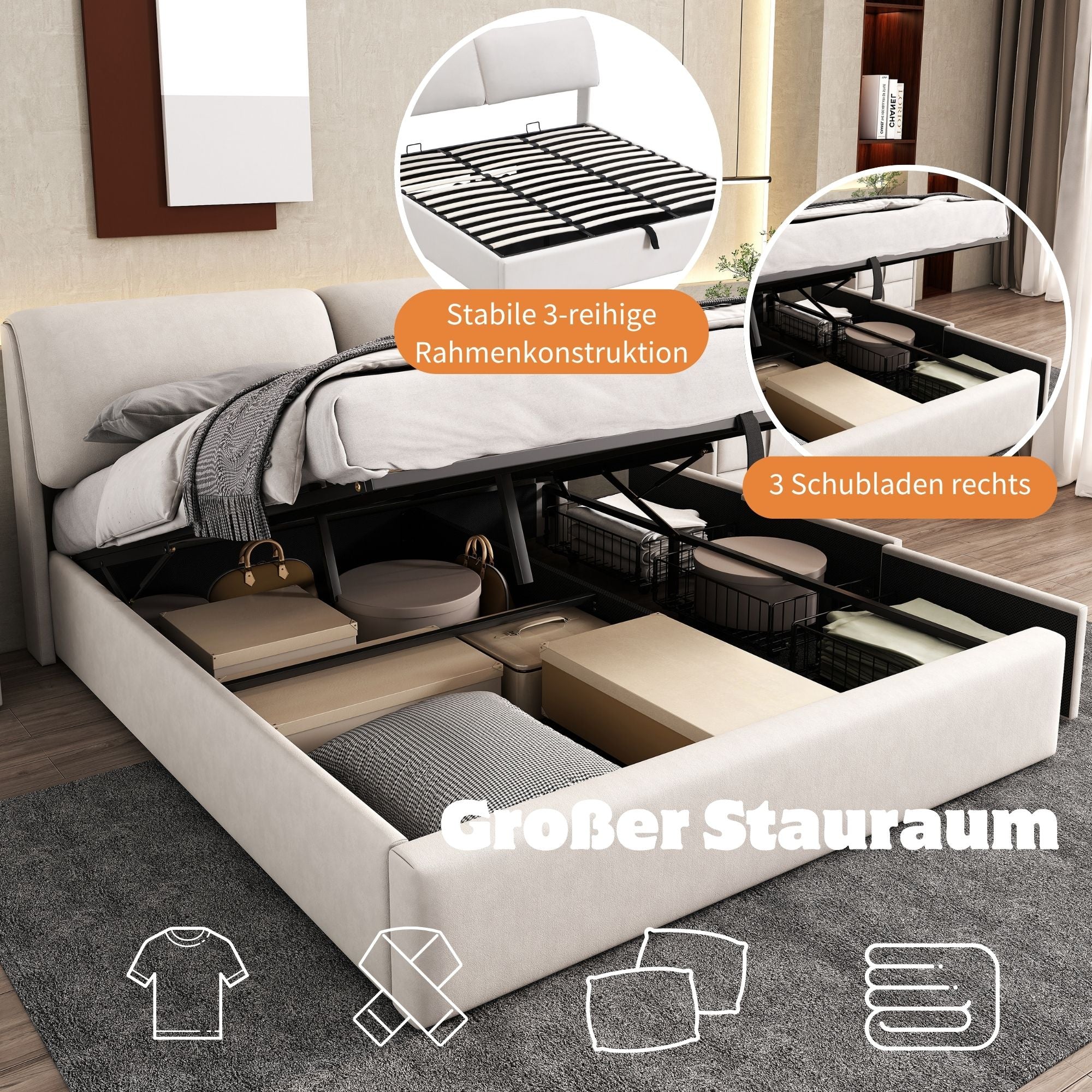 Upholstered Bed with Hydraulic Storage and 3 Drawers, 180x200cm, Beige Velvet